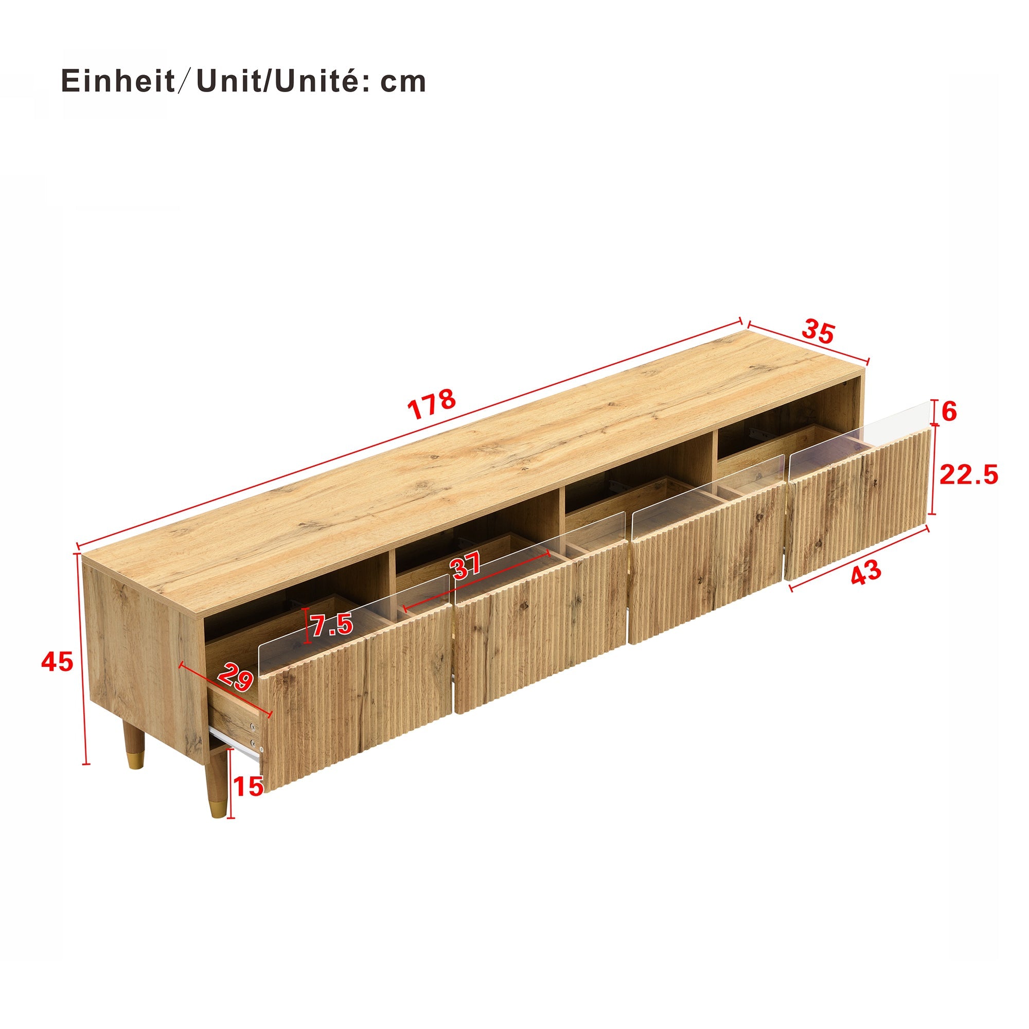 Modern TV Cabinet 178cm Minimalist Large Storage 4 Drawers, Wood Look MDF & Acrylic