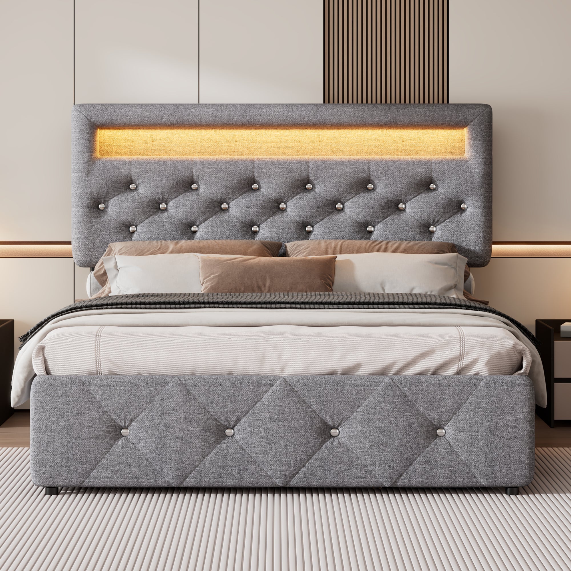 Upholstered Double Bed Pull-out Bed 2 Drawers LED Bedside 140x200cm - Grey