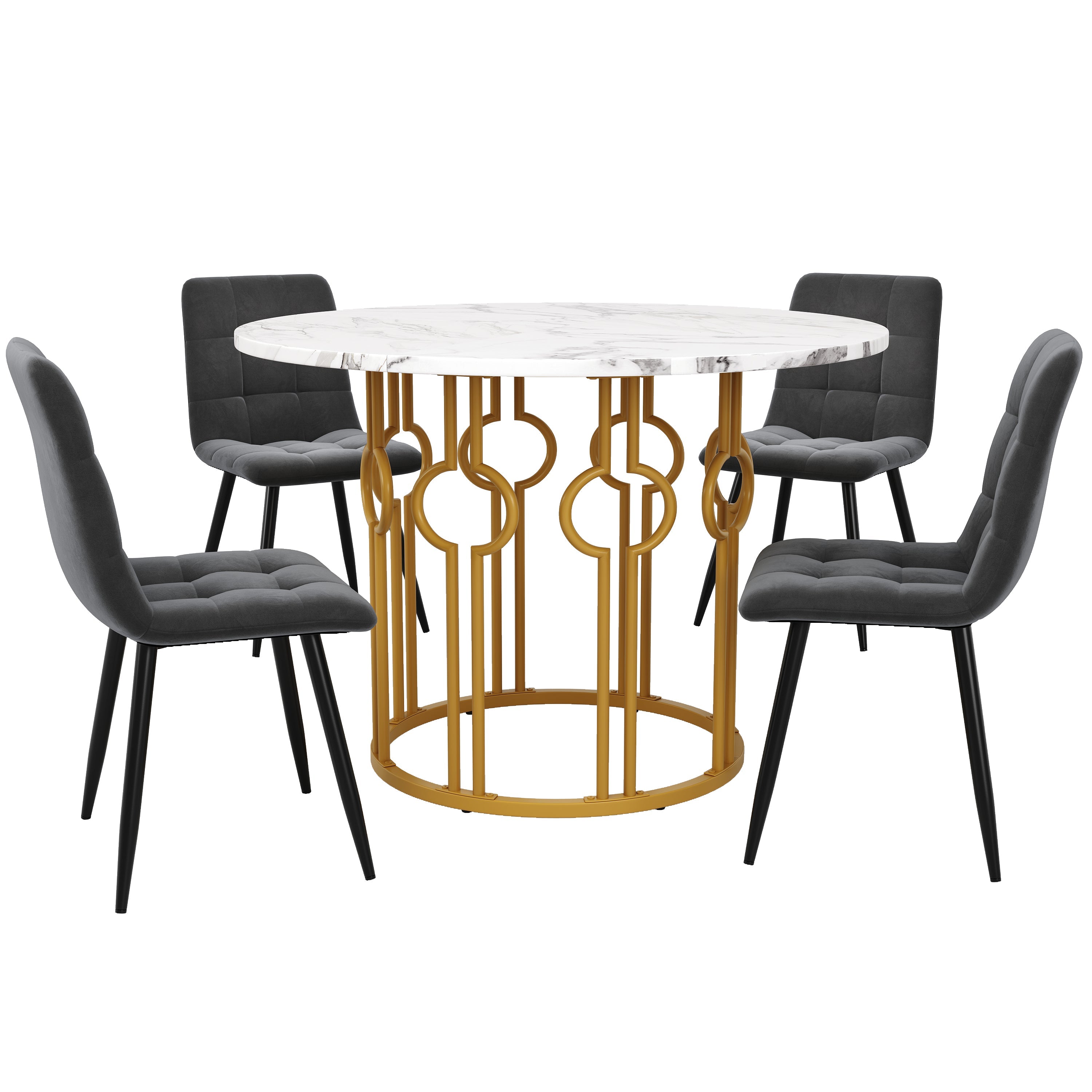 Dining Set 5-Piece Round Table 100cm, 4 Chairs, Gold Metal Legs, White MDF Top | Dark Grey Velvet
