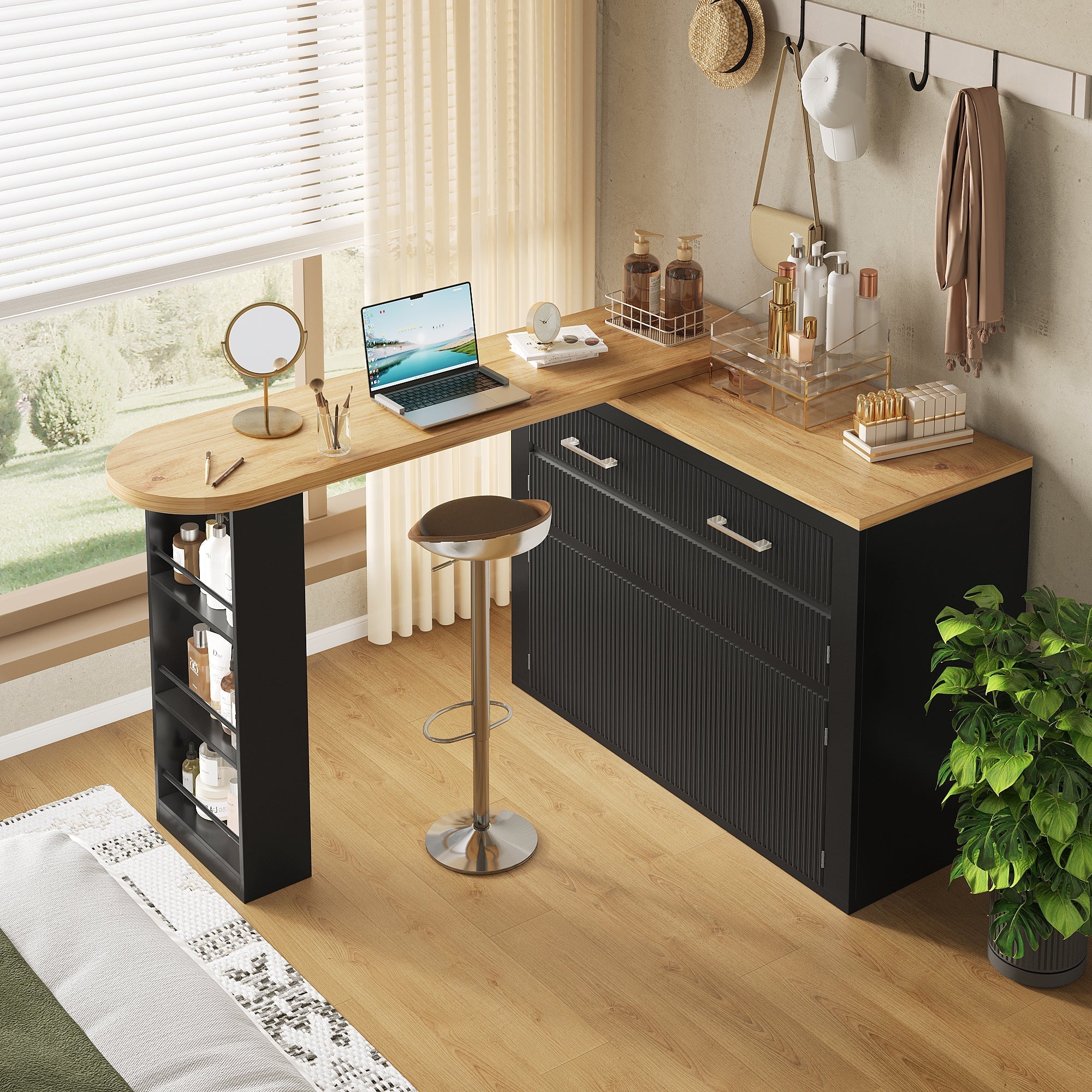 Extendable Bar Table Telescopic Storage Drawer Shelves - Black