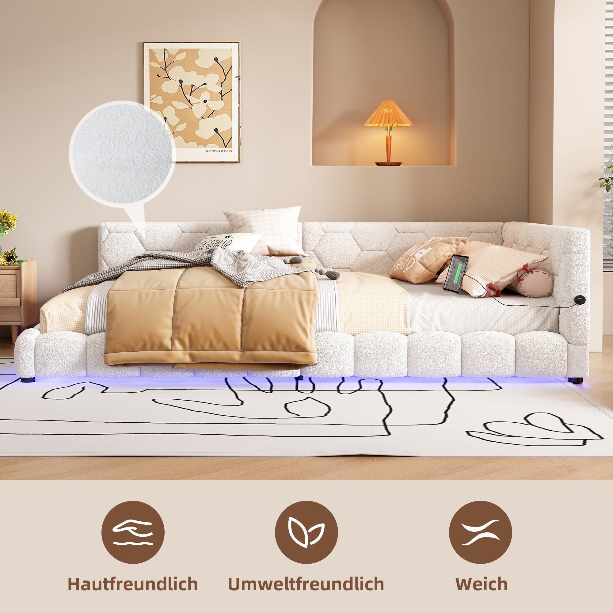 Daybed Sofa Bed 140x200cm 16 Color LED USB/Type-C - White Fleece