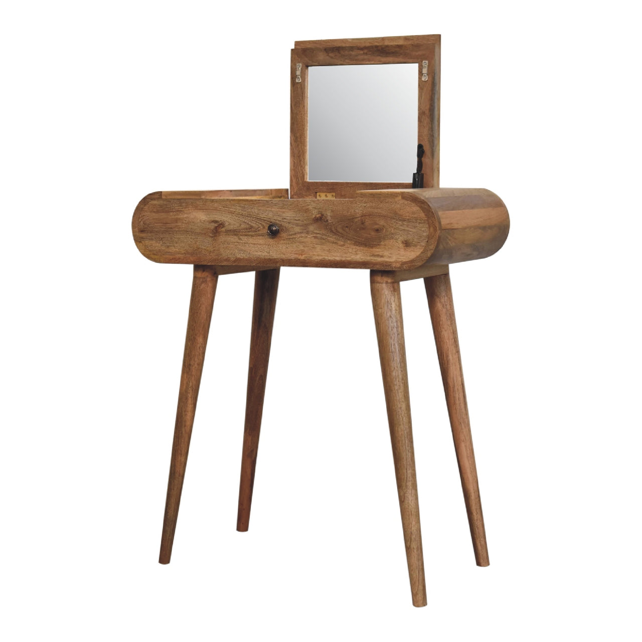 Solid Wood Mini Round Dressing Table, 1 Drawer, Nordic Legs, Brown
