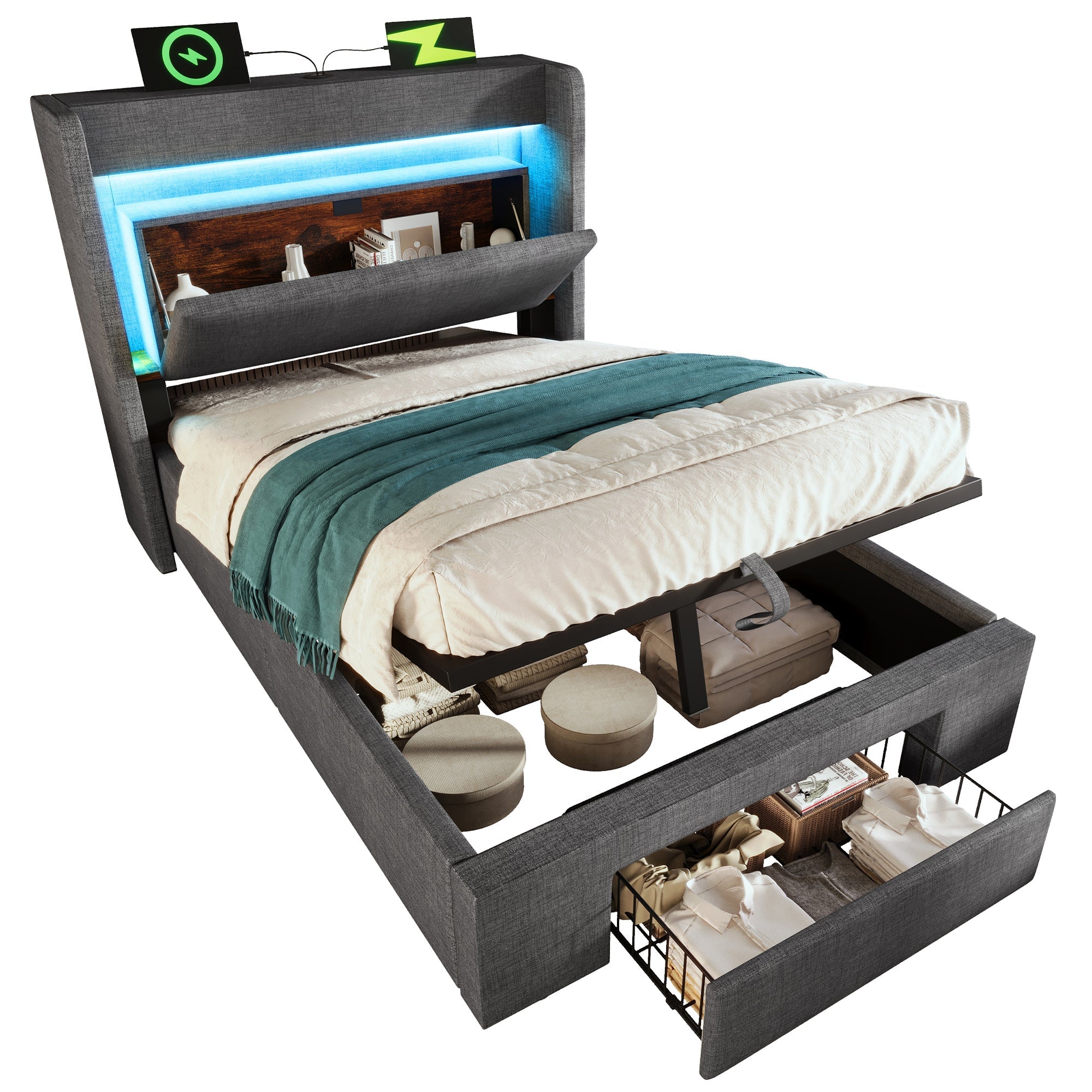 Upholstered Bed 90x200cm Hydraulic Storage Headboard LED USB/Type-C Ports Linen Grey (With Mattress)