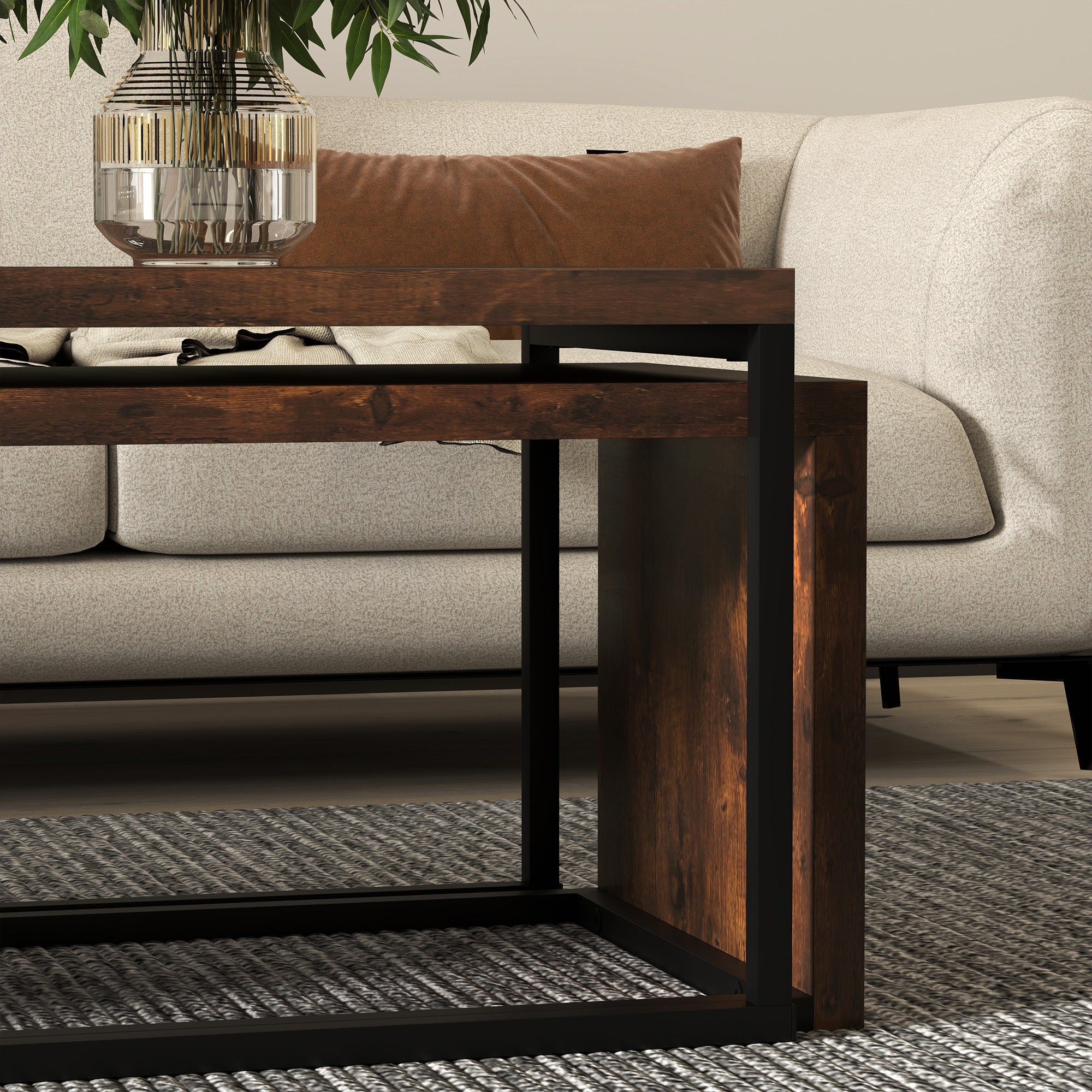 Couchtische, verschachtelt, multifunktional, verschiedene Formen, schwarzes und braunes Metall
