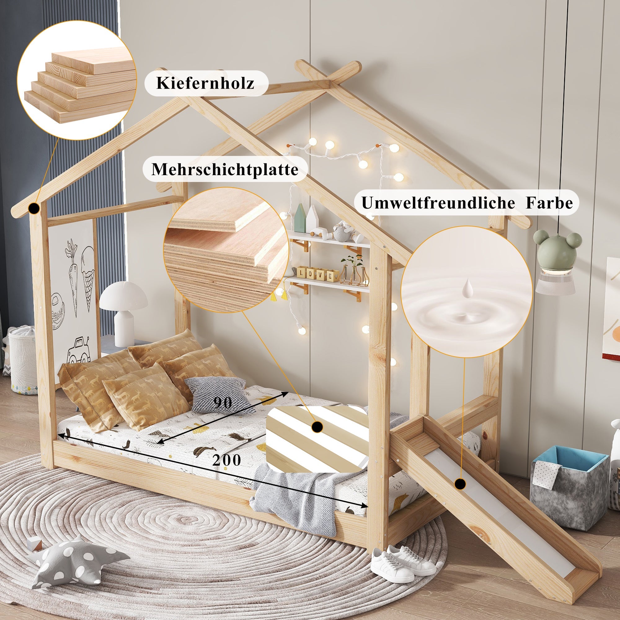 Wooden Bed, Single with Slide, Roof Design & Whiteboard, Pine + MDF + Plywood