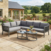 Garden Dining Set for 6 People with Corner Sofa and Two Coffee Tables, Hand-Woven Rope and Galvanized Iron, Grey