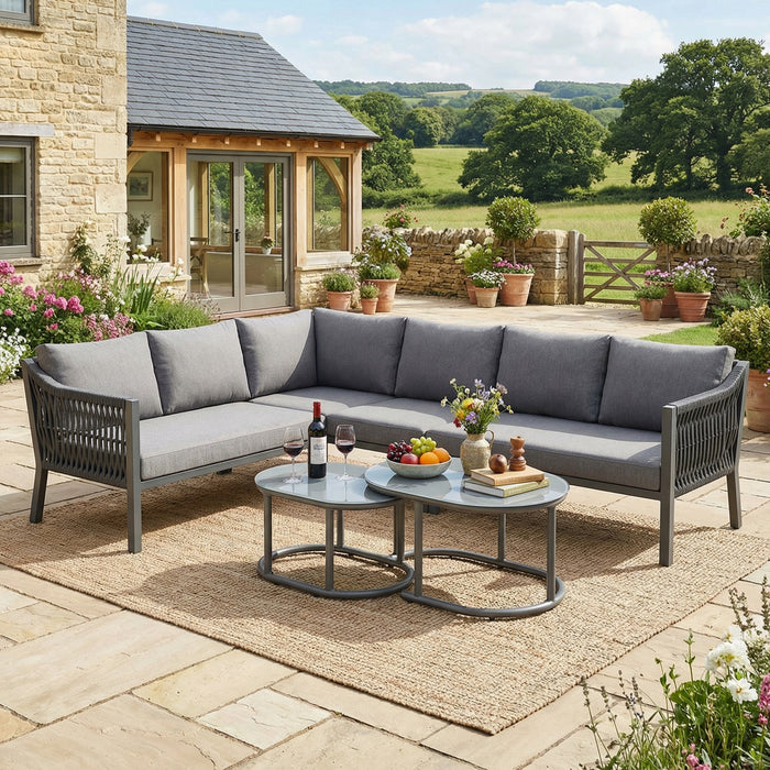 Garden Dining Set for 6 People with Corner Sofa and Two Coffee Tables, Hand-Woven Rope and Galvanized Iron, Grey