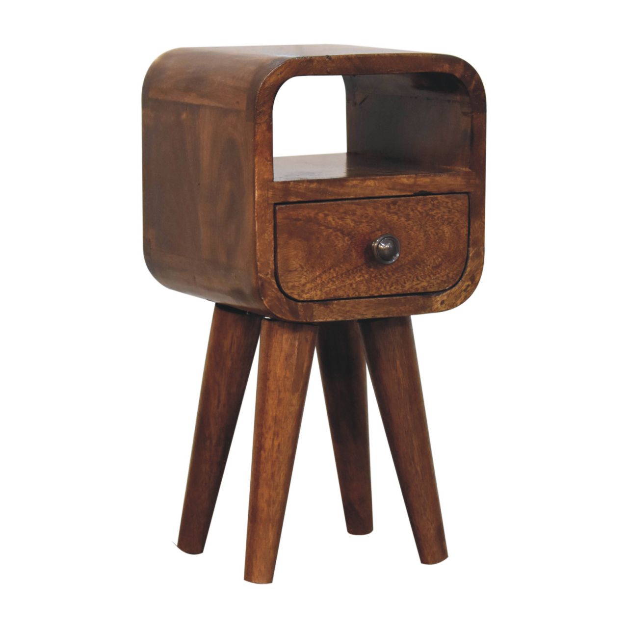 Solid Wood Extra Mini Curve Bedside, Open Slot and 1 Drawer, Dark Brown