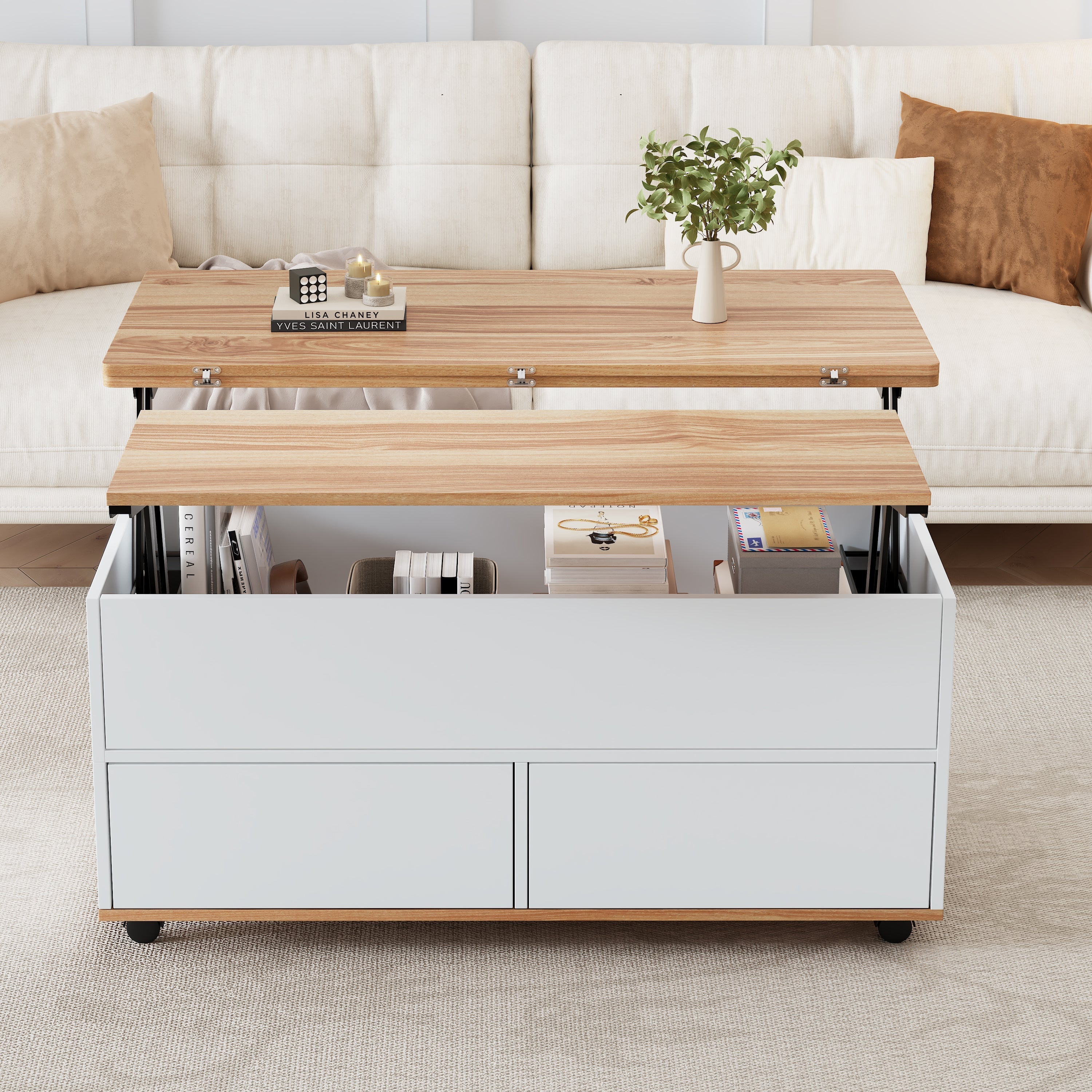 Coffee Table, Height-Adjustable with Hidden Storage and Wheels, White + Natural Wood