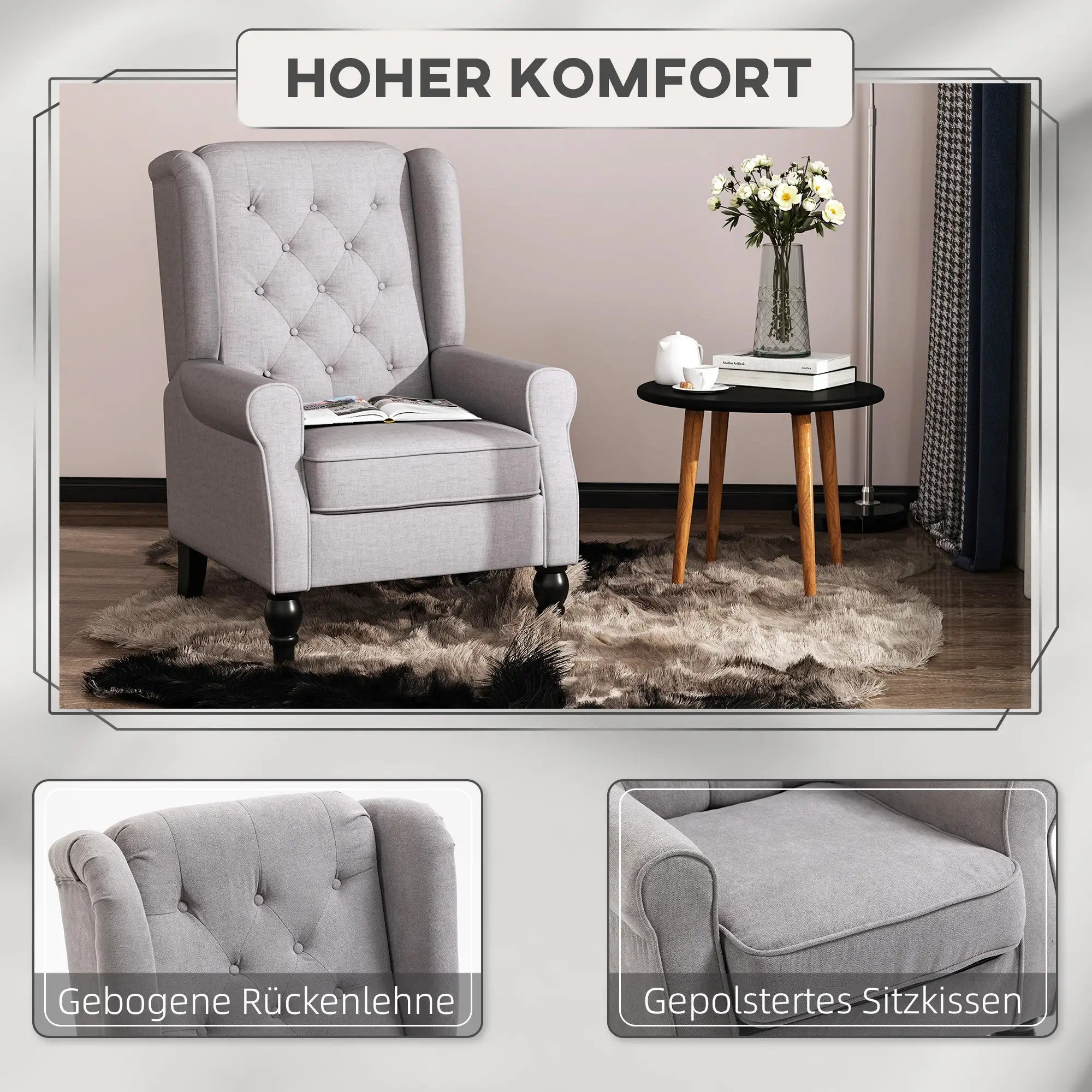 Single armchair, wing chair accent chair with tufting wooden feet, polyester grey