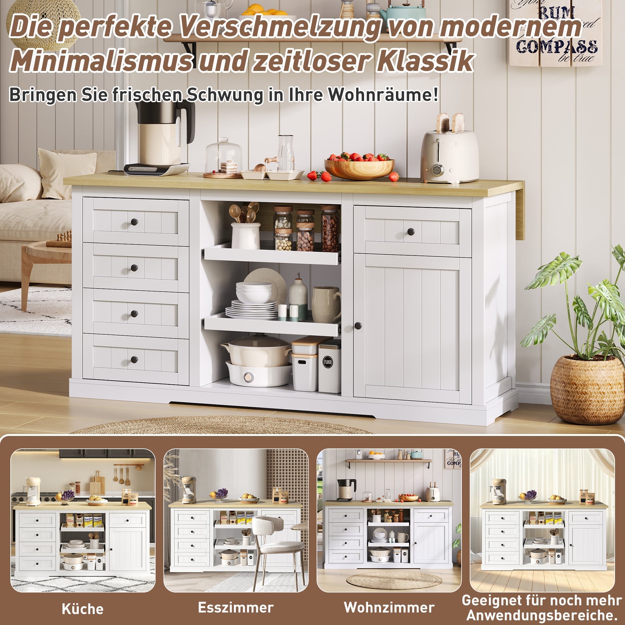 Sideboard/Kitchen Island/Bar Cabinet 5 Drawers 2 Shelves Extension Panel Sockets, White