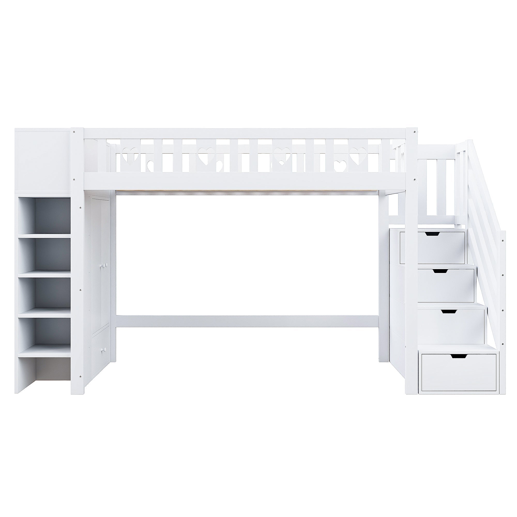 Loft Bed 90x200cm Storage Ladder Shelves Fold-Down Cabinet Love Railing - White