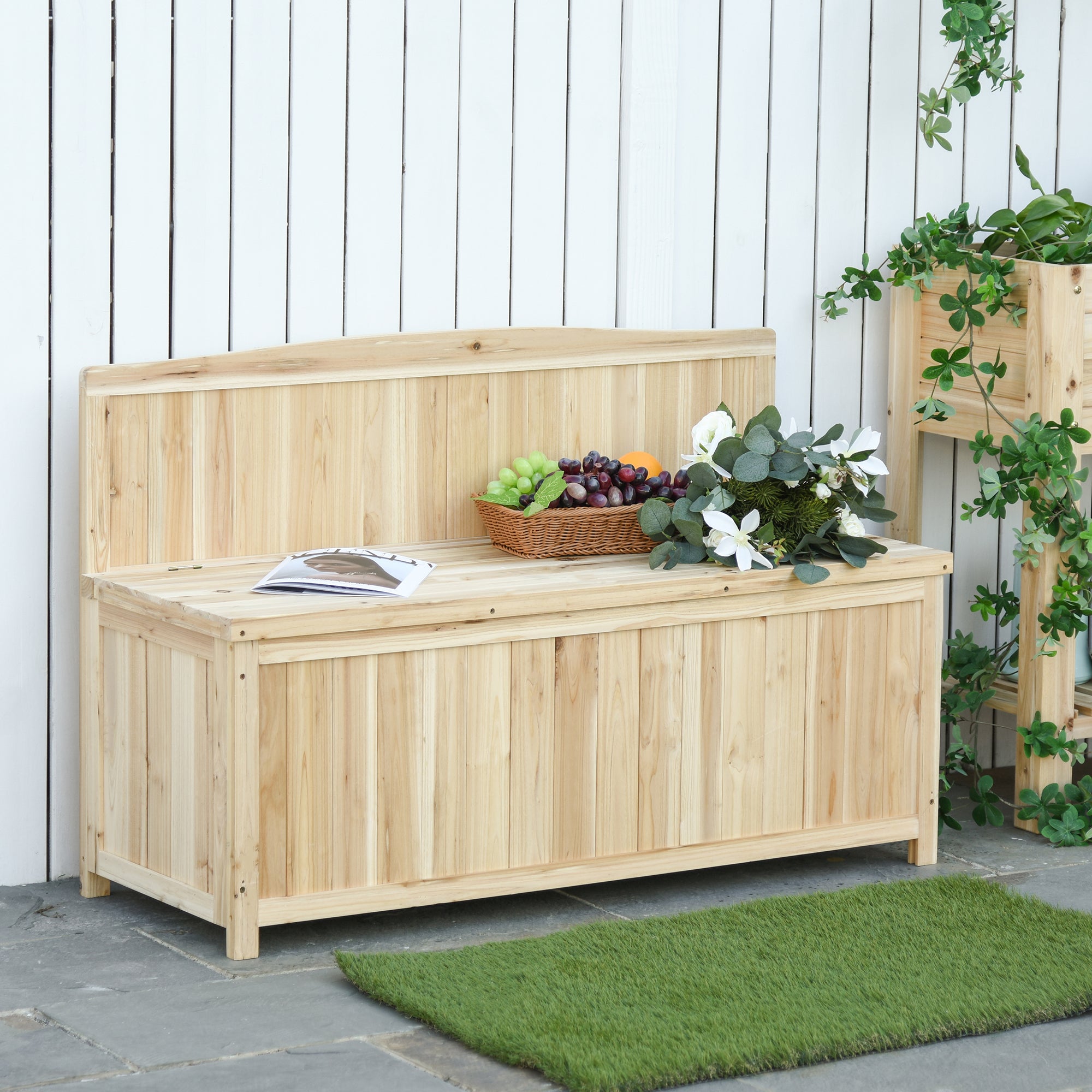 Wood Storage Bench Outdoor Seating for Patio Garden, Natural Wood
