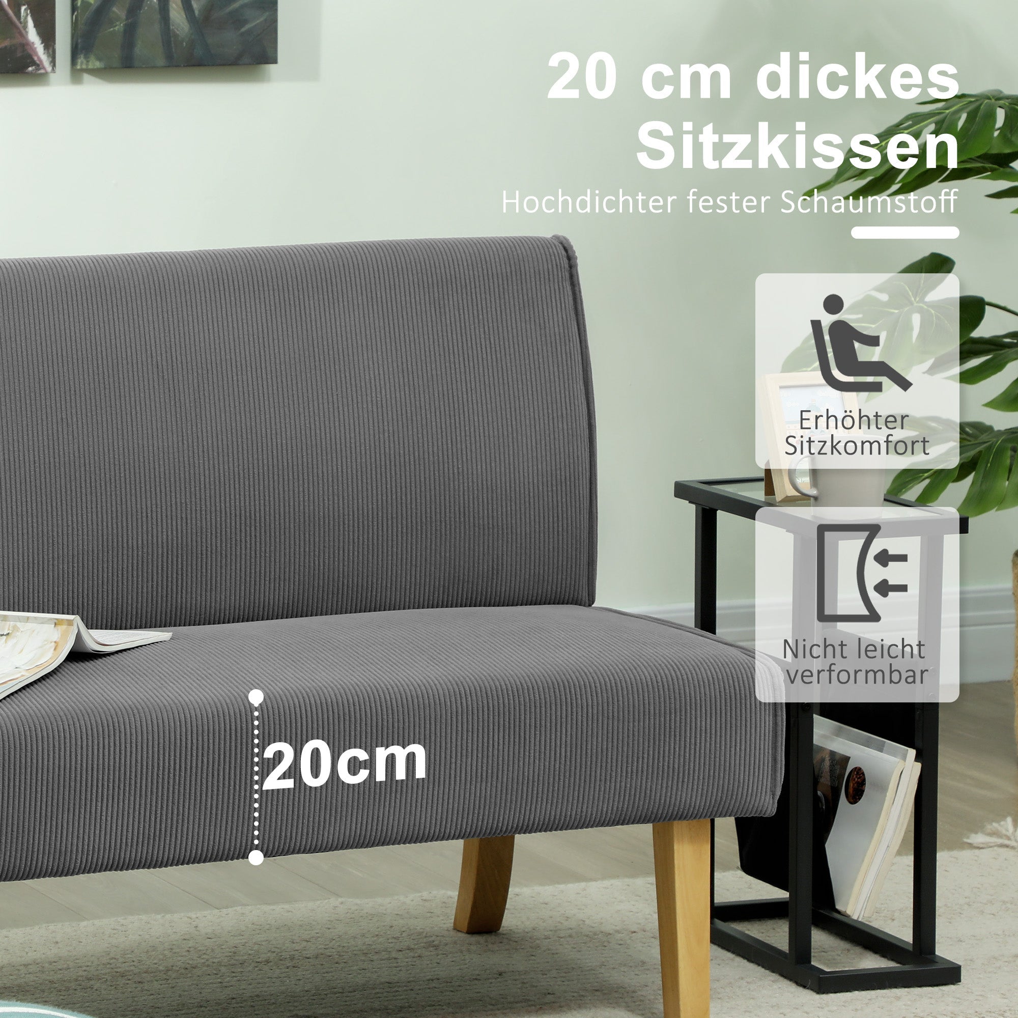 2-Seater Sofa Upholstered Wooden Legs 110cm Corduroy-Look, Grey