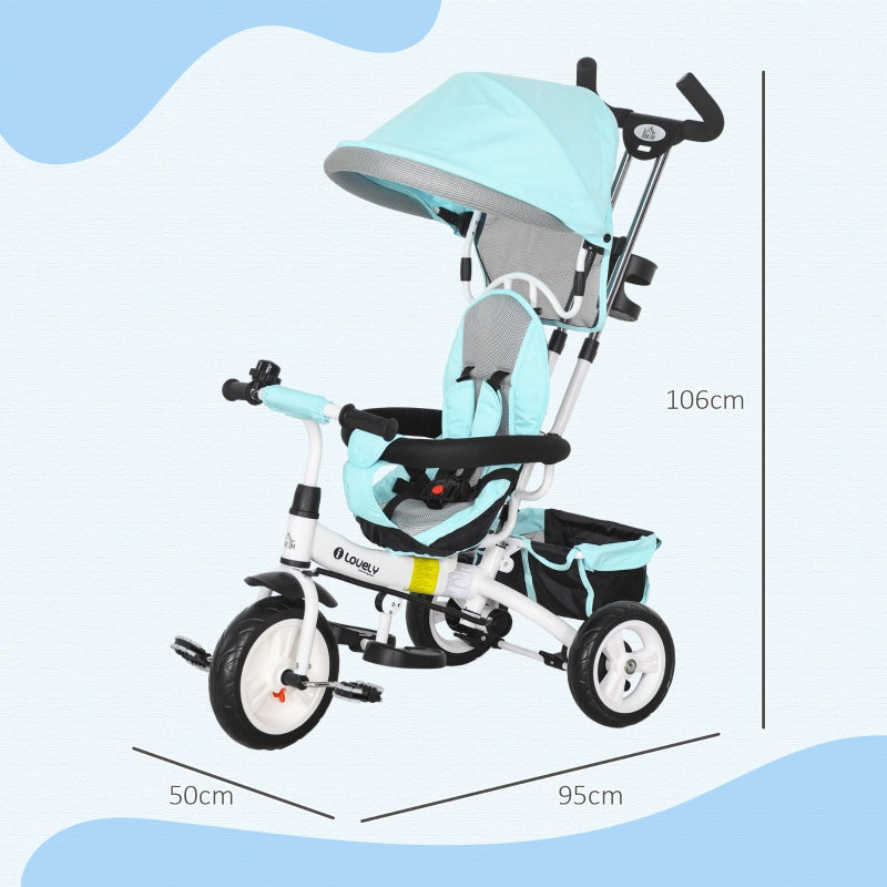6-in-1 Tricycle with Push Bar, Sun Canopy, Safety Harness, Basket, Cup Holder, Green