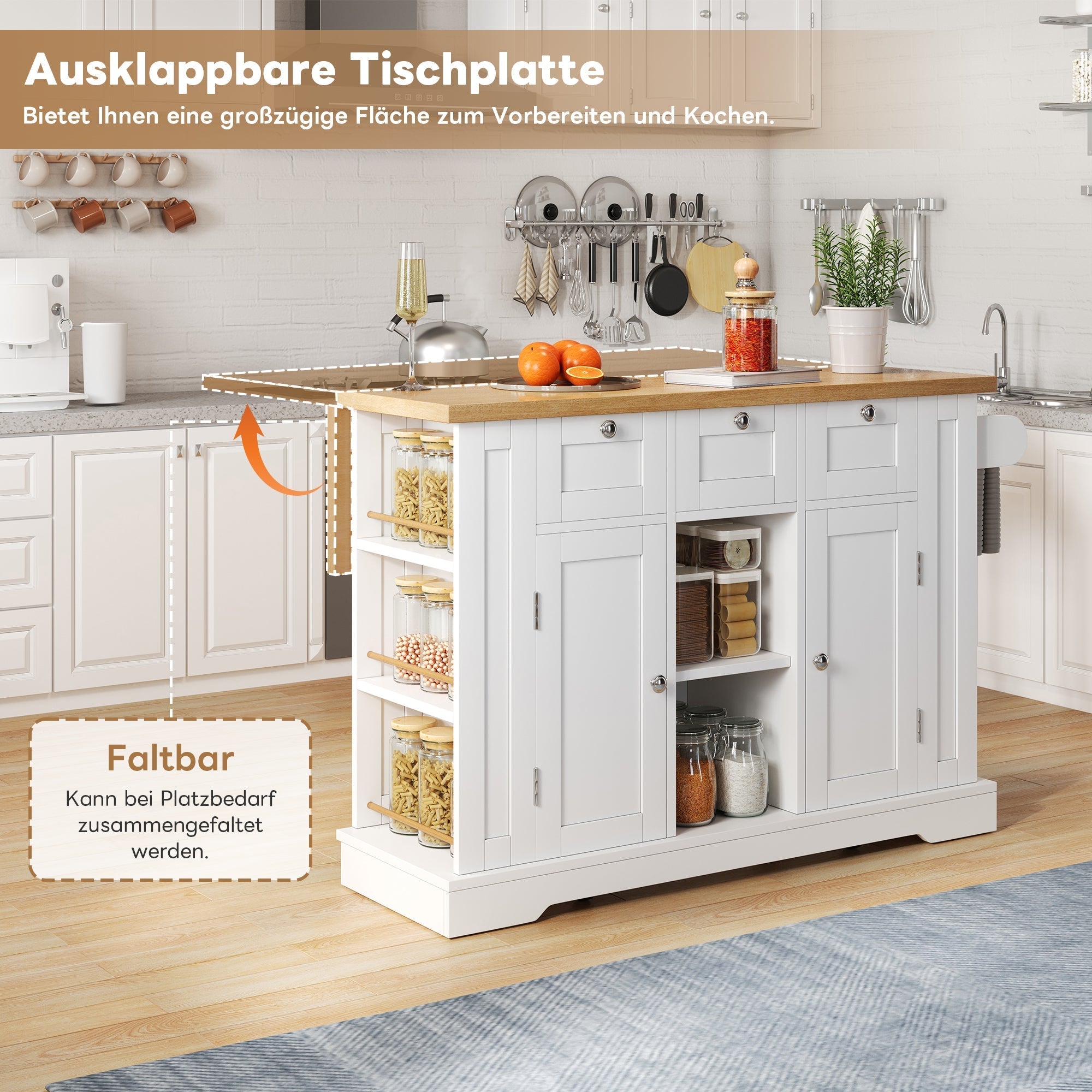 Mobile Kitchen Table 132cm Folding Worktop Multifunctional Cabinet 5 Wheels Integrated Socket