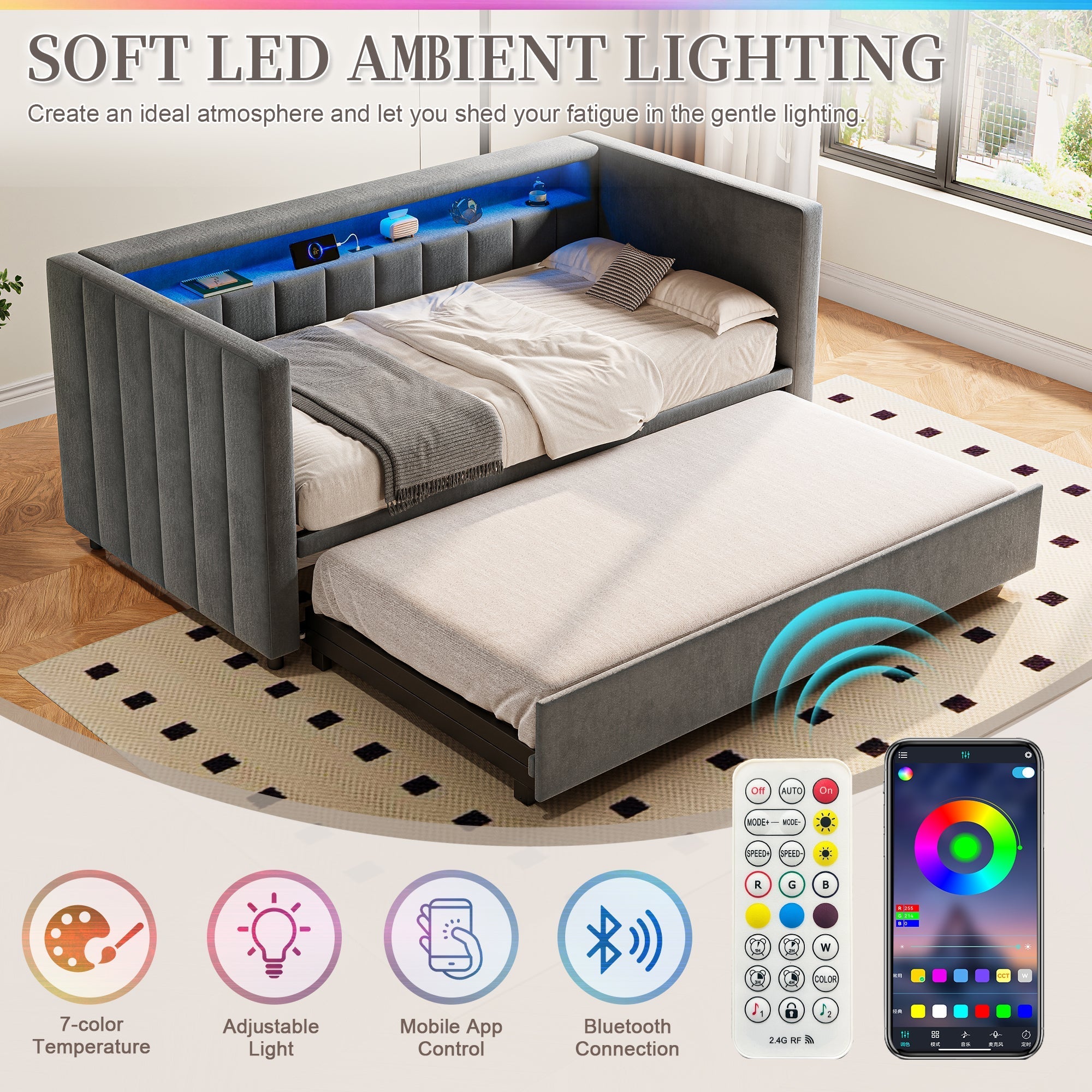 Multifunctional Sleeper Sofa with Pull-Out Bed, USB, LED, and Storage, Gray Velvet
