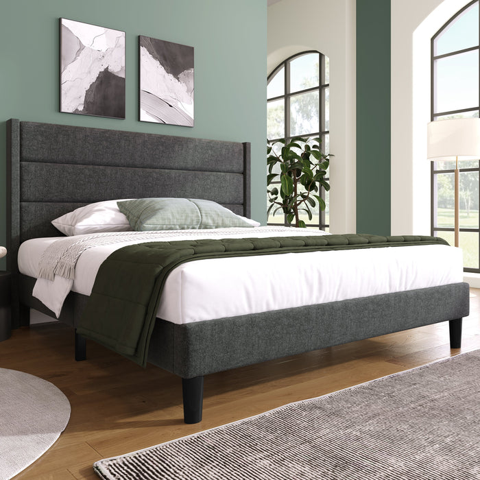 Upholstered Bed 140x200cm, with Slatted Frame & Headboard, Double Bed, Linen Dark Grey