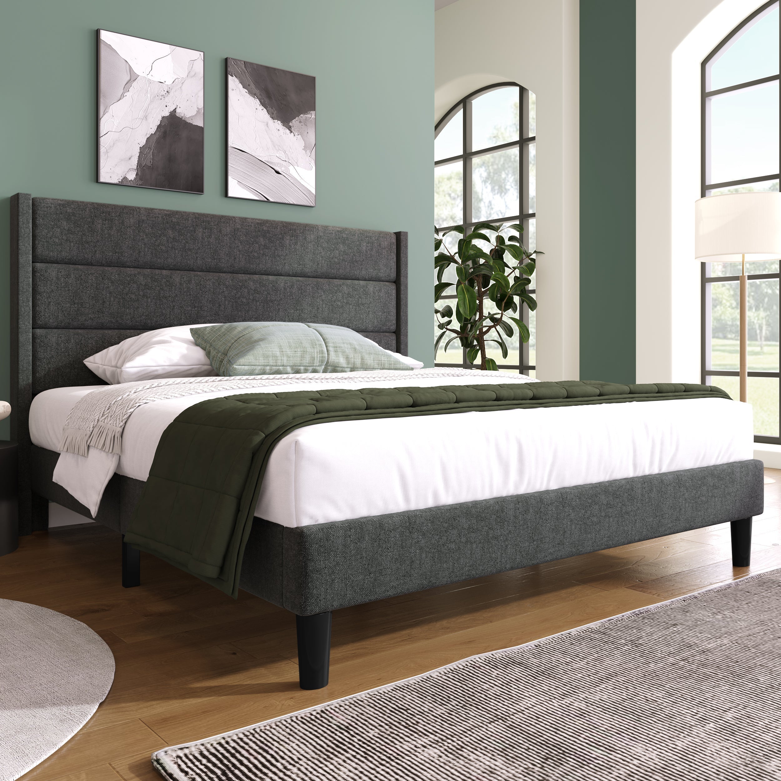 Upholstered Bed 140x200cm, Double with Slatted Frame & Headboard, Dark Grey Linen