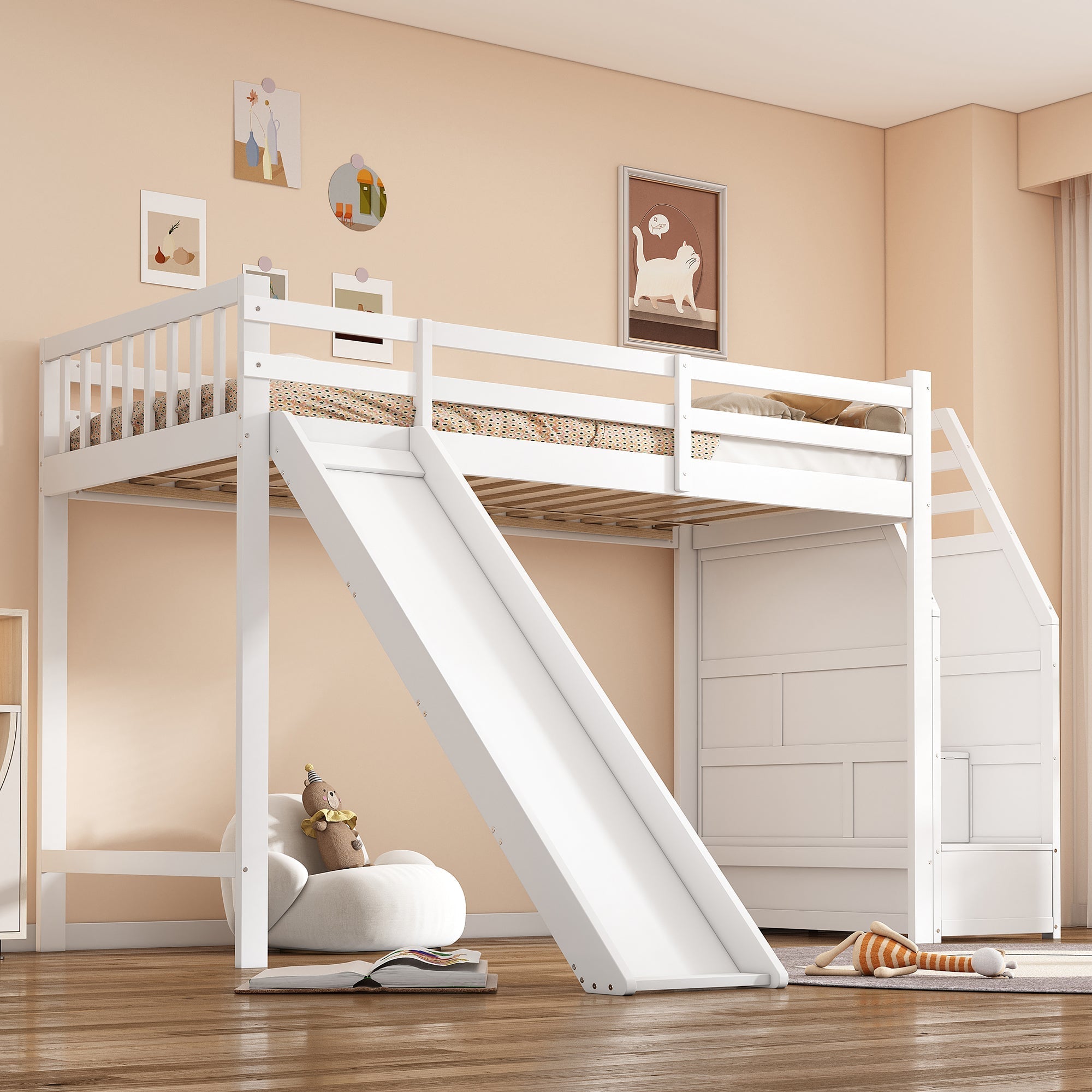 Bunk Bed 90x200cm Slide Removable Railing Storage Ladder - White