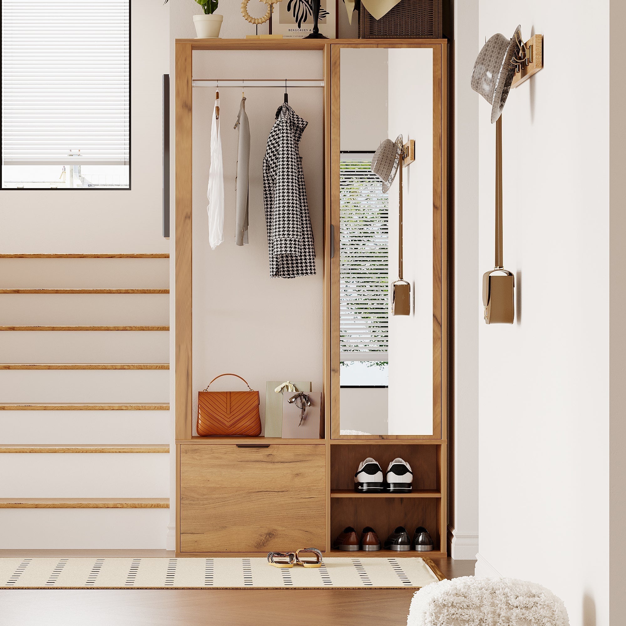 Wardrobe with Hallway, 6-in-1 Entryway 100x33x190cm Clothes Rack Mirror, Wood Color