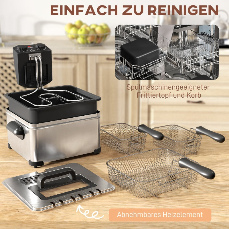 Fritteuse, 5 l, einstellbare Temperatur und Timer, Edelstahl Silber