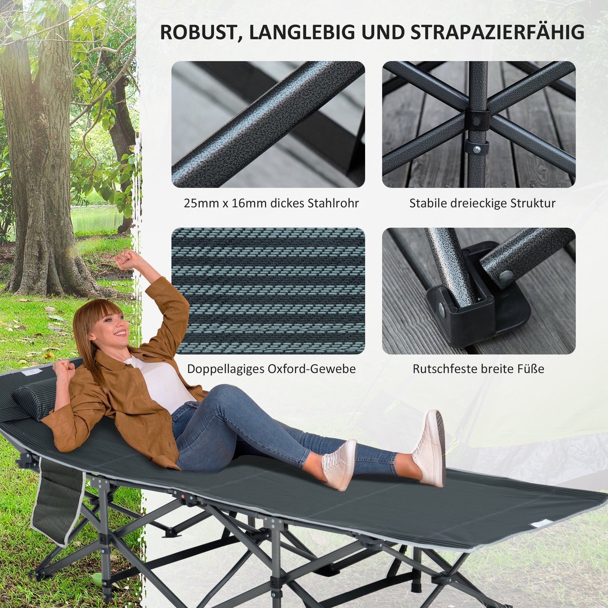 Sonnenliege klappbar mit Kissen, Aufbewahrungstasche, Metall und Oxford-Gewebe, Grau