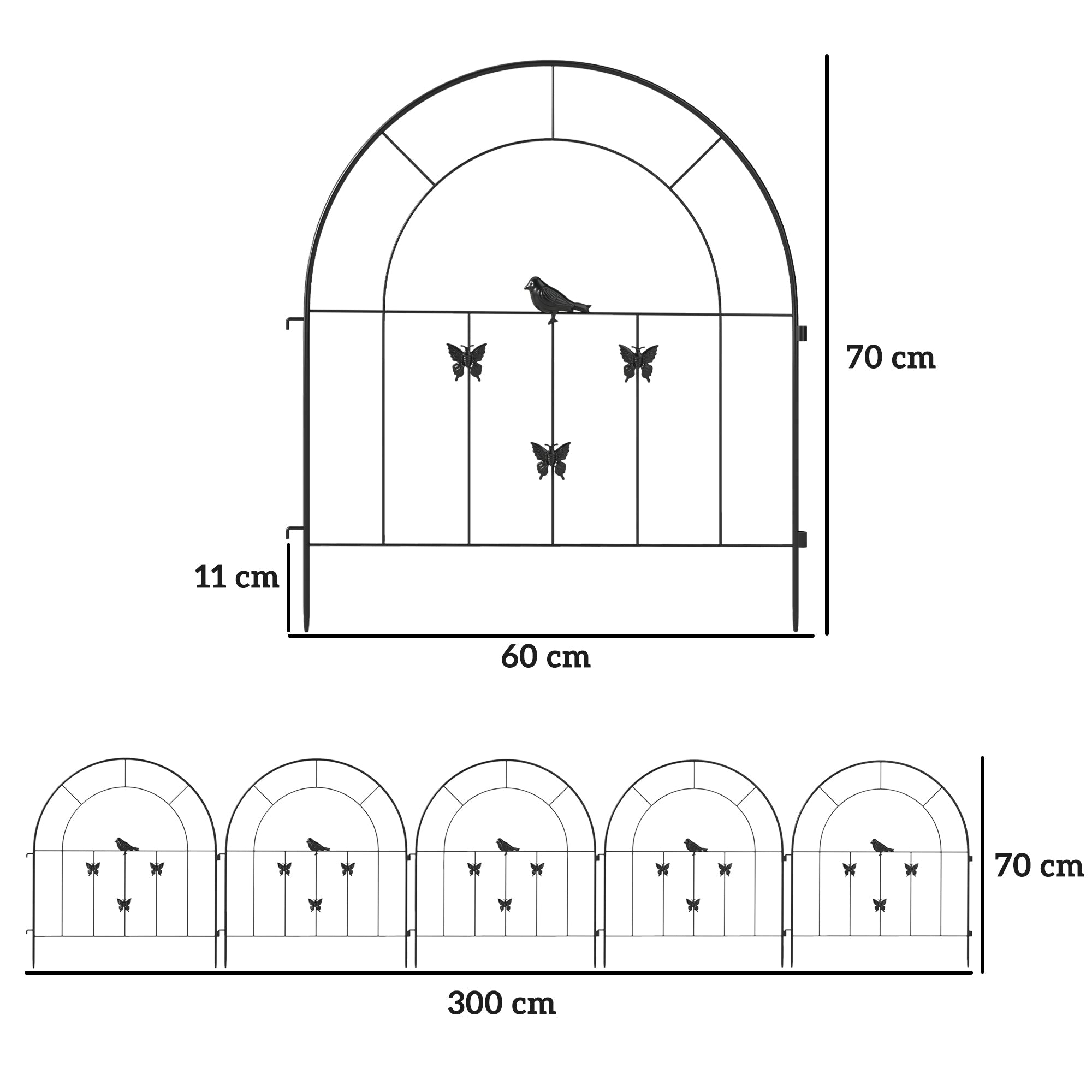 Garden Fence Set, Decorative Mesh 300x70cm Arched Top Barrier, Steel Black