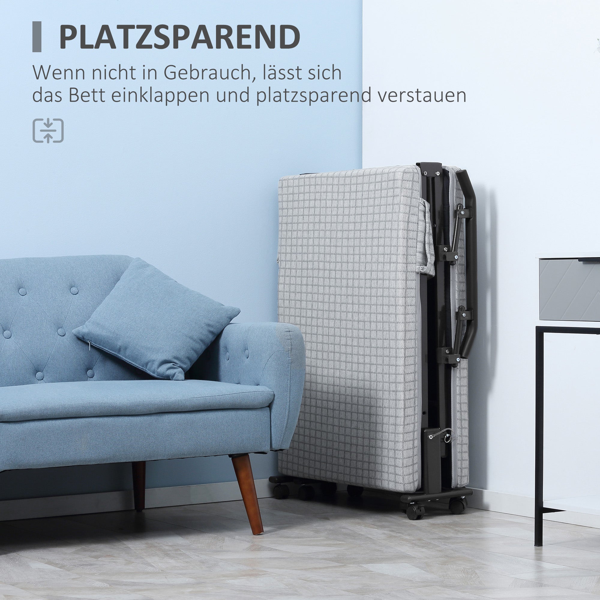 Folding Guest Bed, Adjustable Backrest, Wheels, Steel Frame, Light Grey/Black, 190x76x33cm