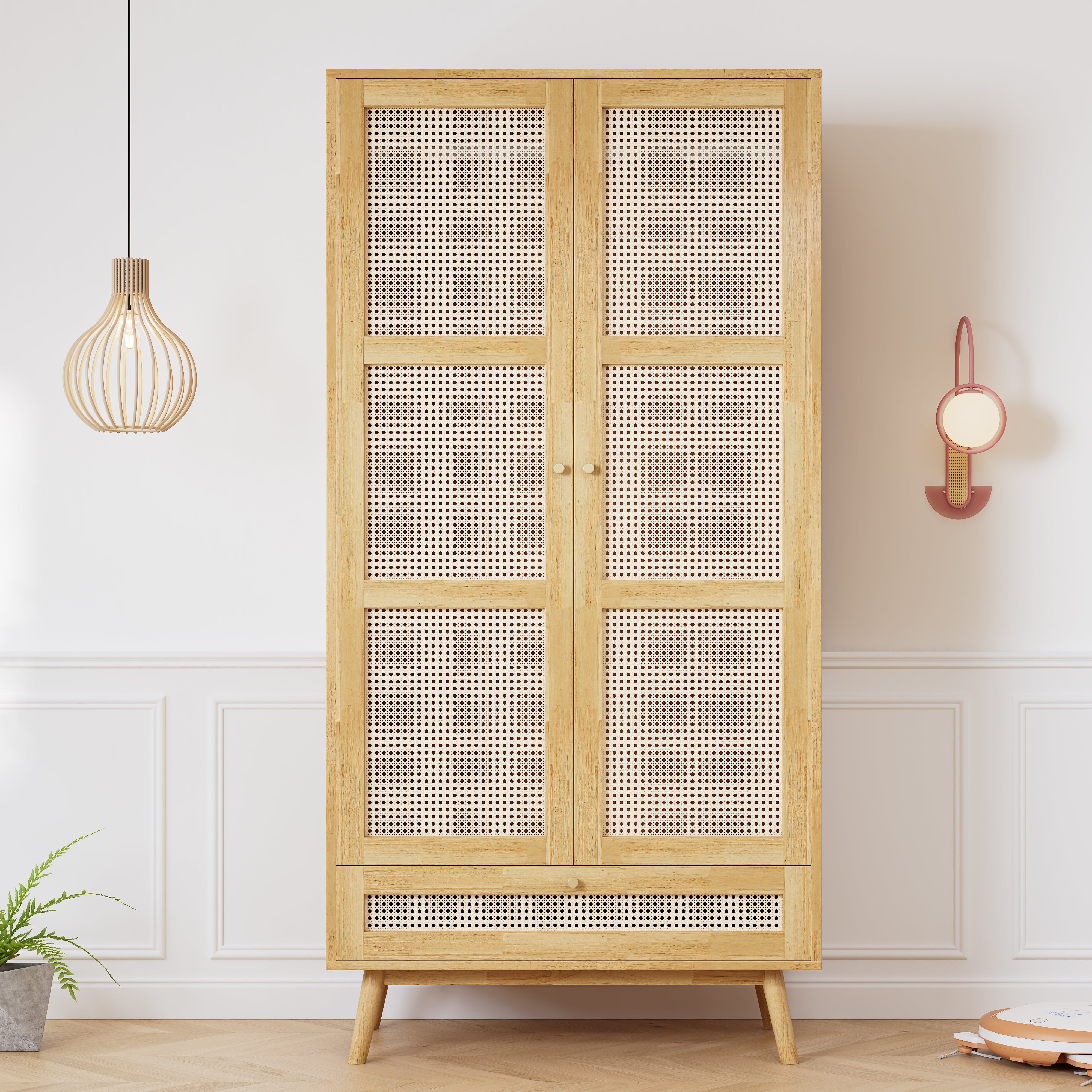 Wardrobe 2-Door Hanging Rail Rattan Net Flip-Top Lid, Natural Chipboard/PE Rattan