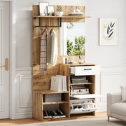 Wardrobe Set, Mirror, Shoe Bench, 1 Drawer, 2 Cabinets, White Wood