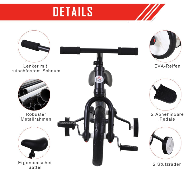 Children's Balance Bike with Training Wheels, Pedals and Adjustable Seat, Black