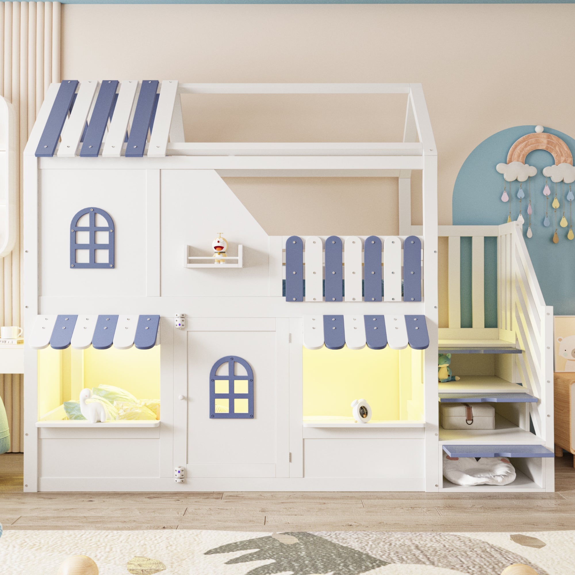 Children's Bunk Bed with House-Shaped Design, Storage Ladder, LED and Shelves, 90x200cm, White + Blue