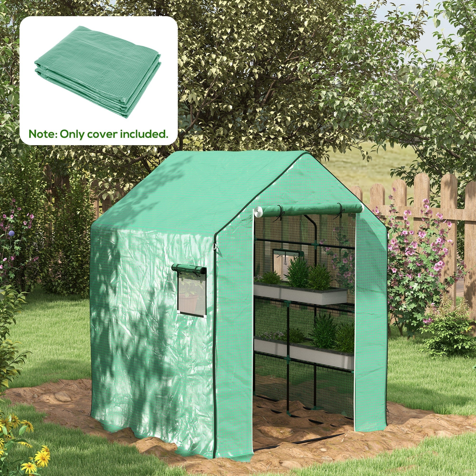 Greenhouse Cover Replacement Walk-in with Roll-up Door and Windows, PE Green