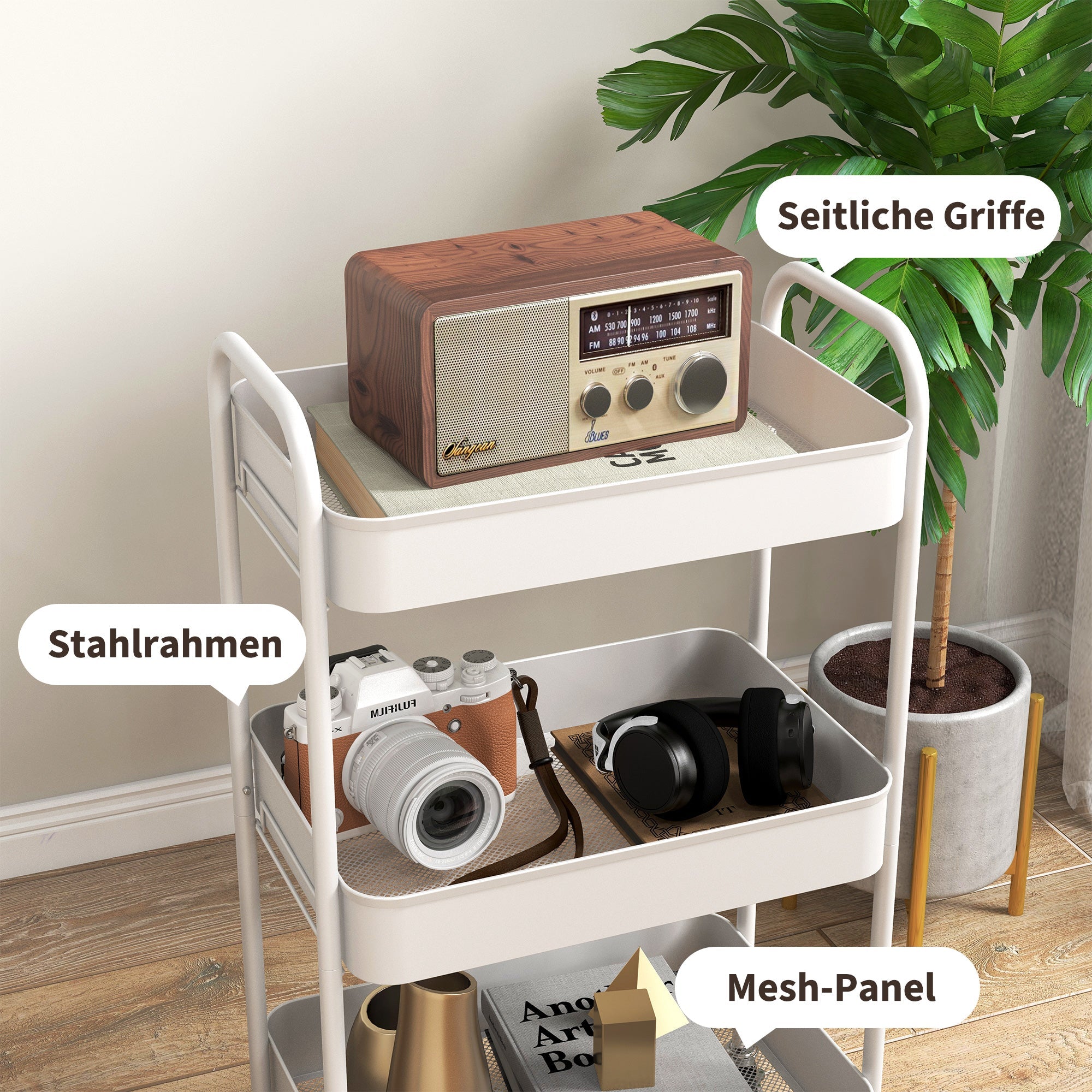 Serving Trolley 3-Shelf Storage Kitchen/Living Room, White Steel