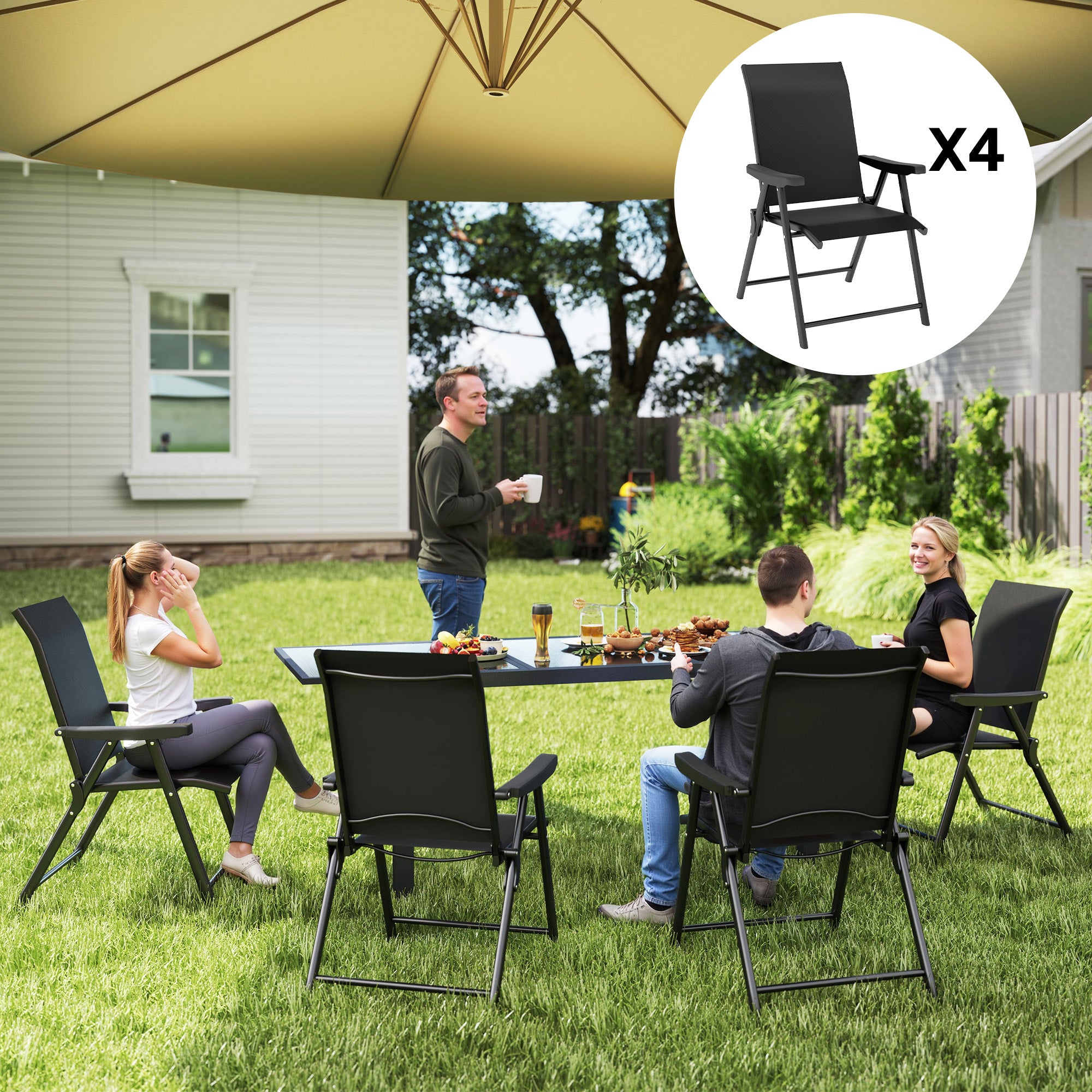 Set of Four Folding Outdoor Chairs Mesh Fabric Steel Black
