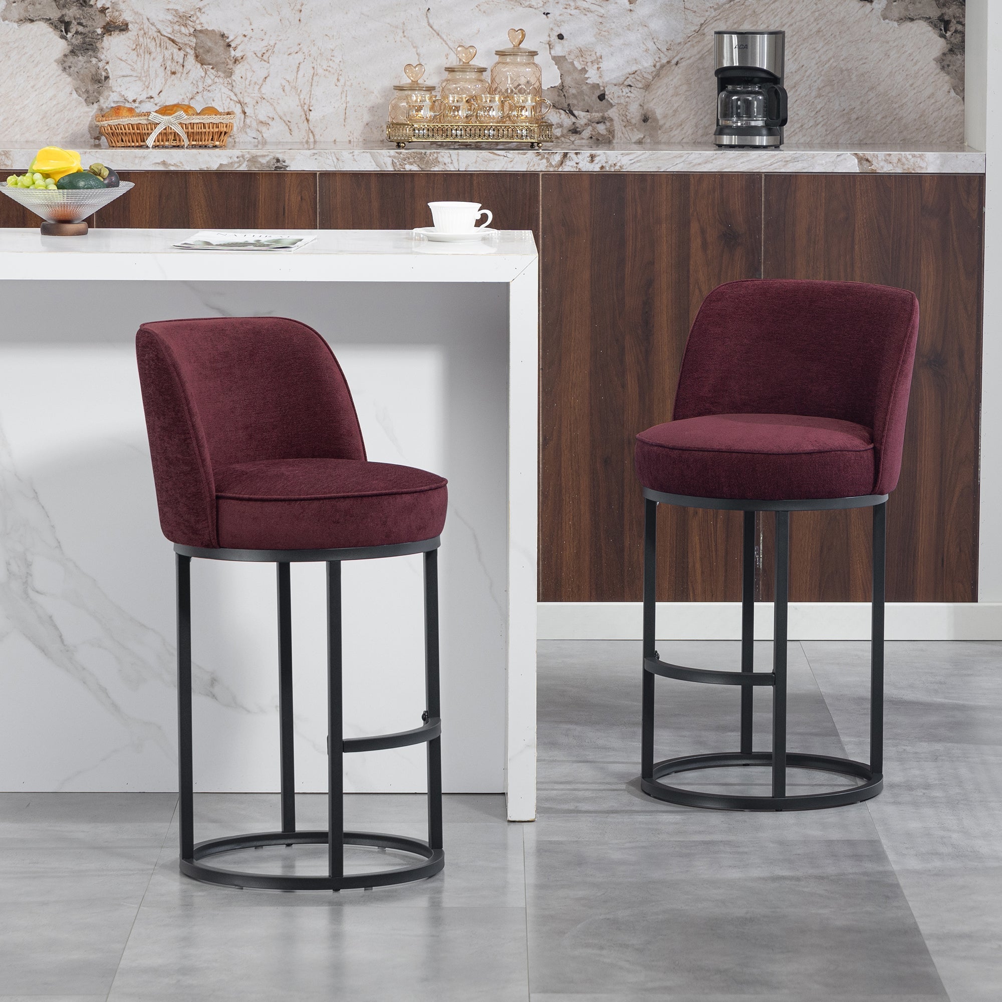 Bar Stools Duo Set with Ergonomic Backrest and Metal Legs, Linen Upholstery