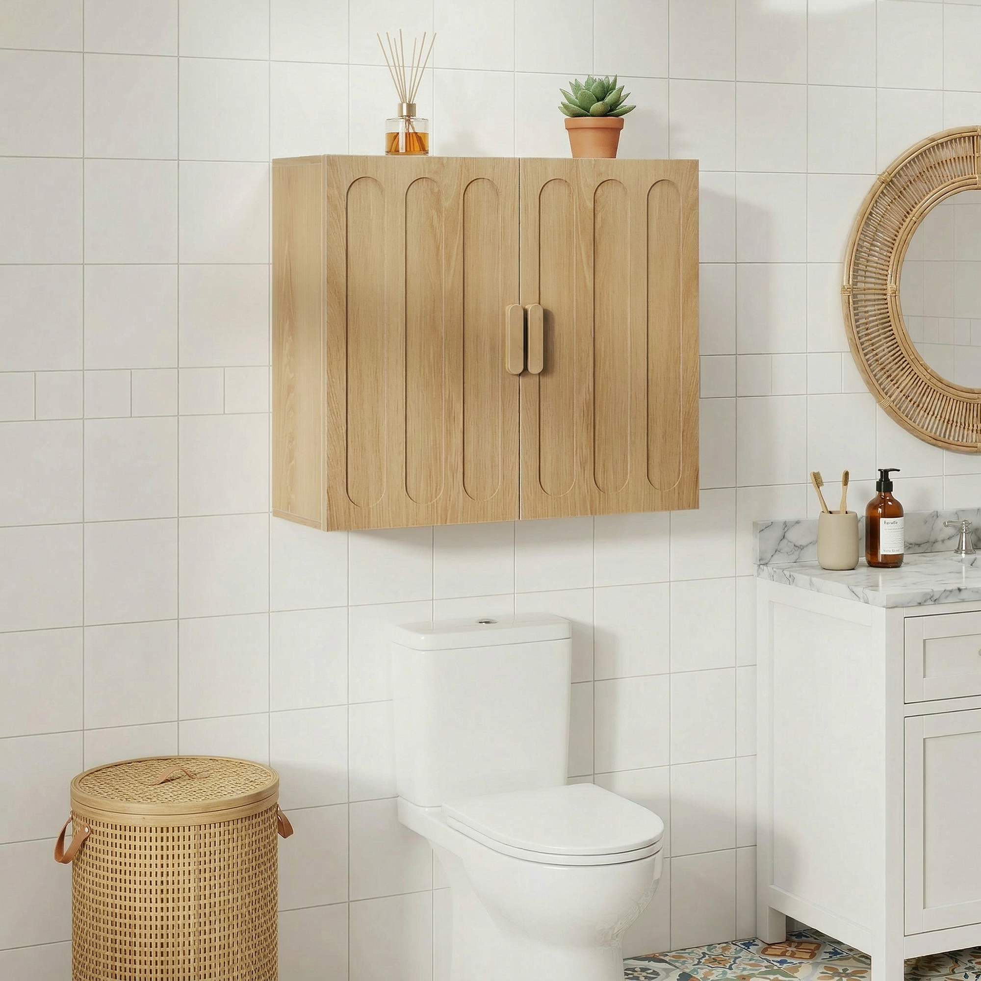 Wall-Mounted Bathroom Medicine Cabinet with Adjustable Shelves for Laundry and Kitchen, Oak Color