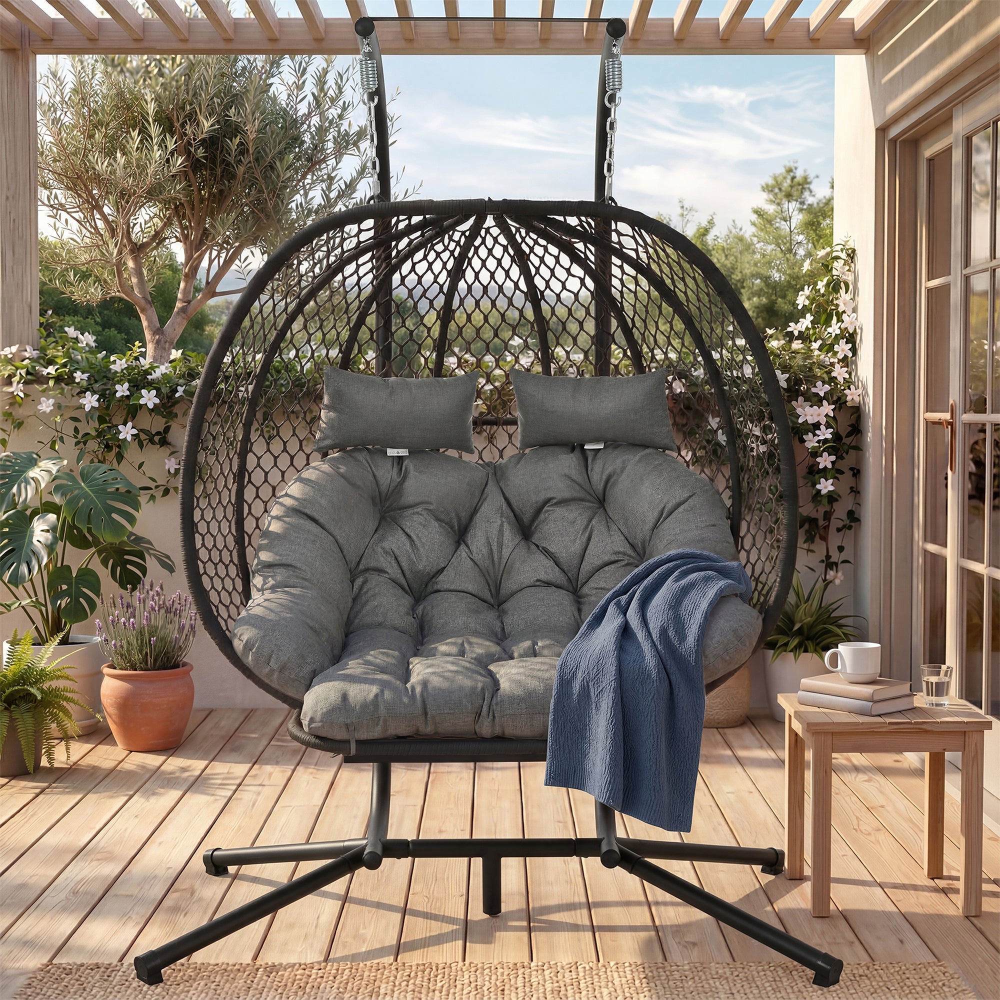 Double Egg-Shaped Hanging Chair with Stand, Seat Cushion, Pillow and Footrest, Grey Metal
