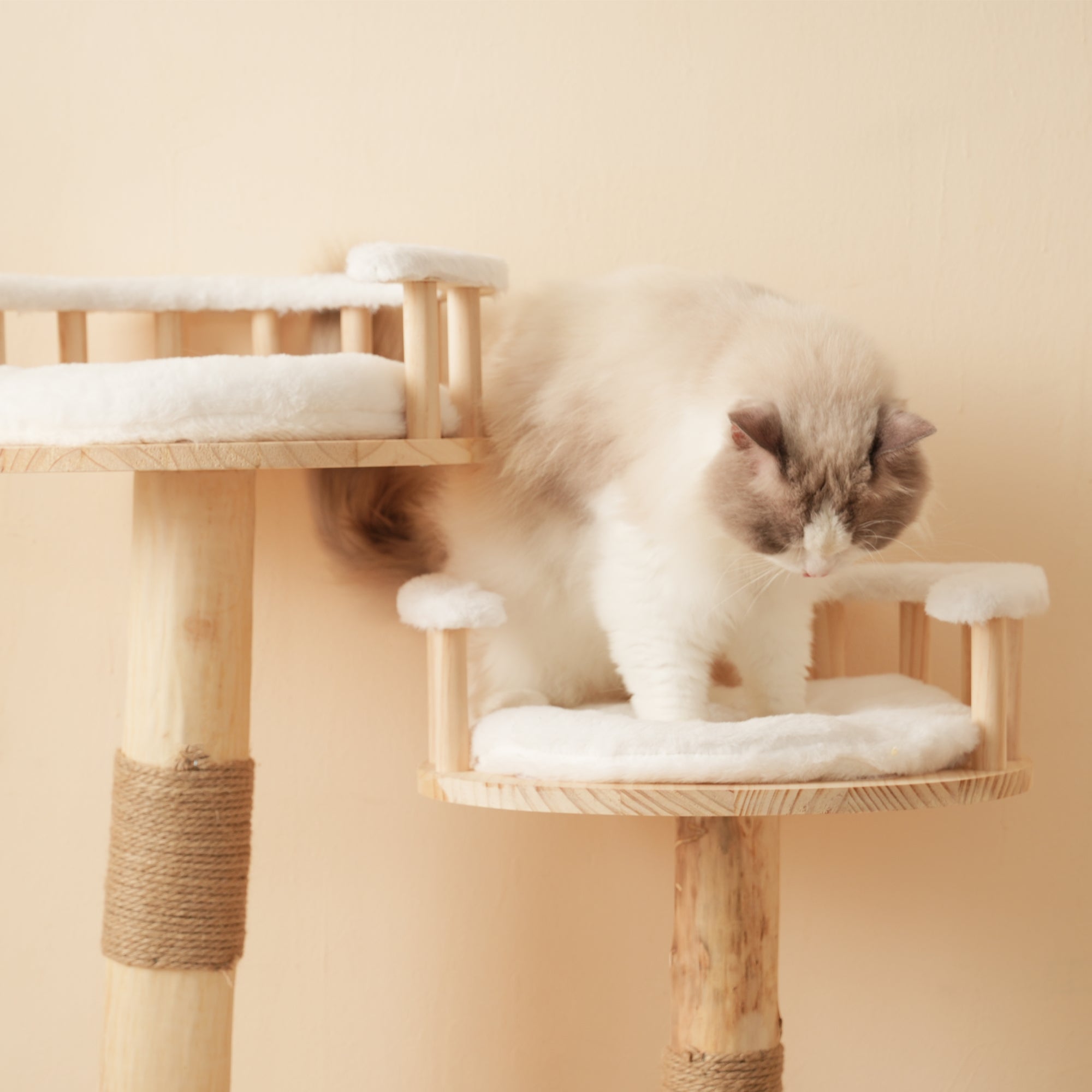 Designer Cat Climbing Frame, 98cm 3-Step Springboard Cloud Imitation, Solid Wood Natural