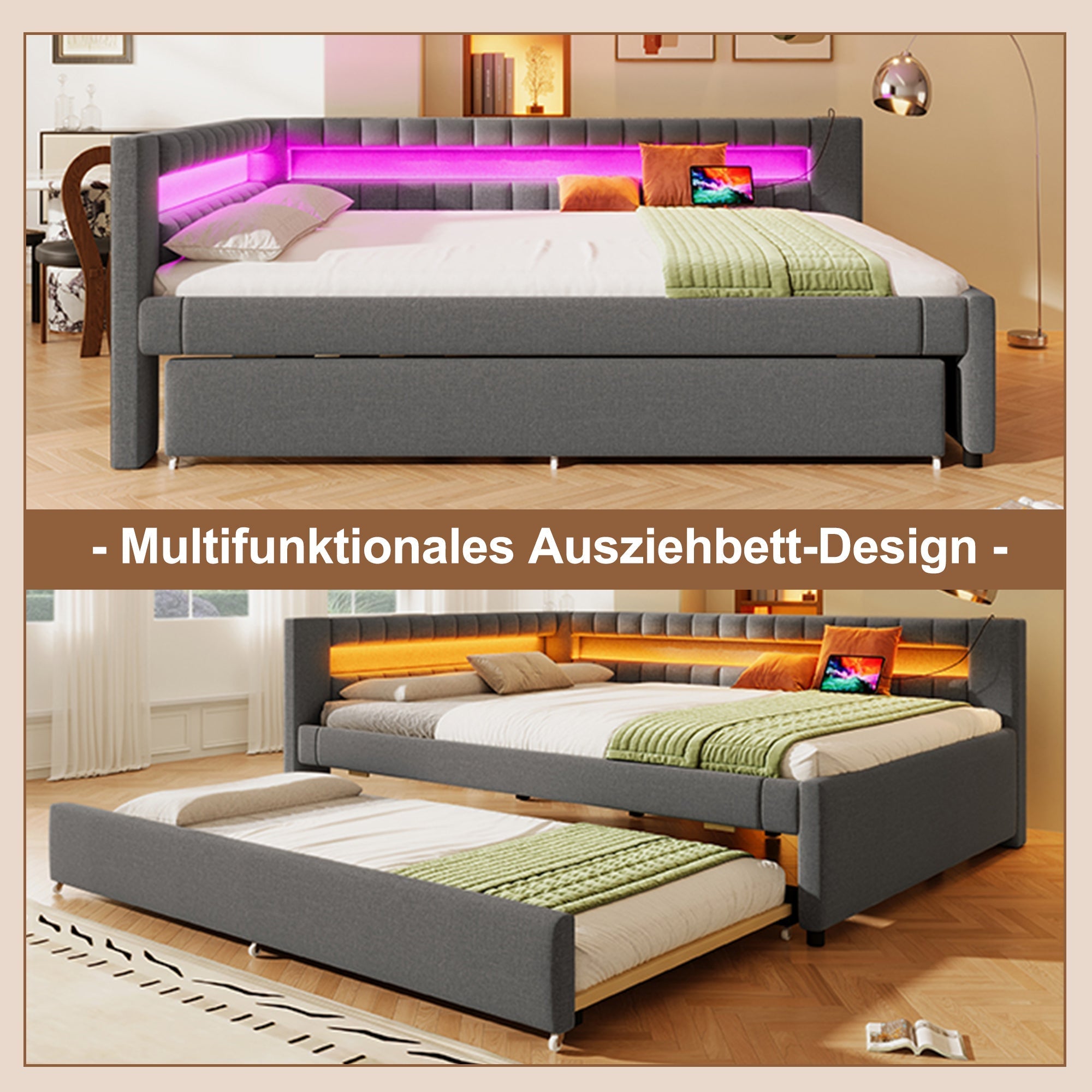 Daybed Sofa Bed 140x200cm Pull-out Bed LED USB/Type-C Linen Grey