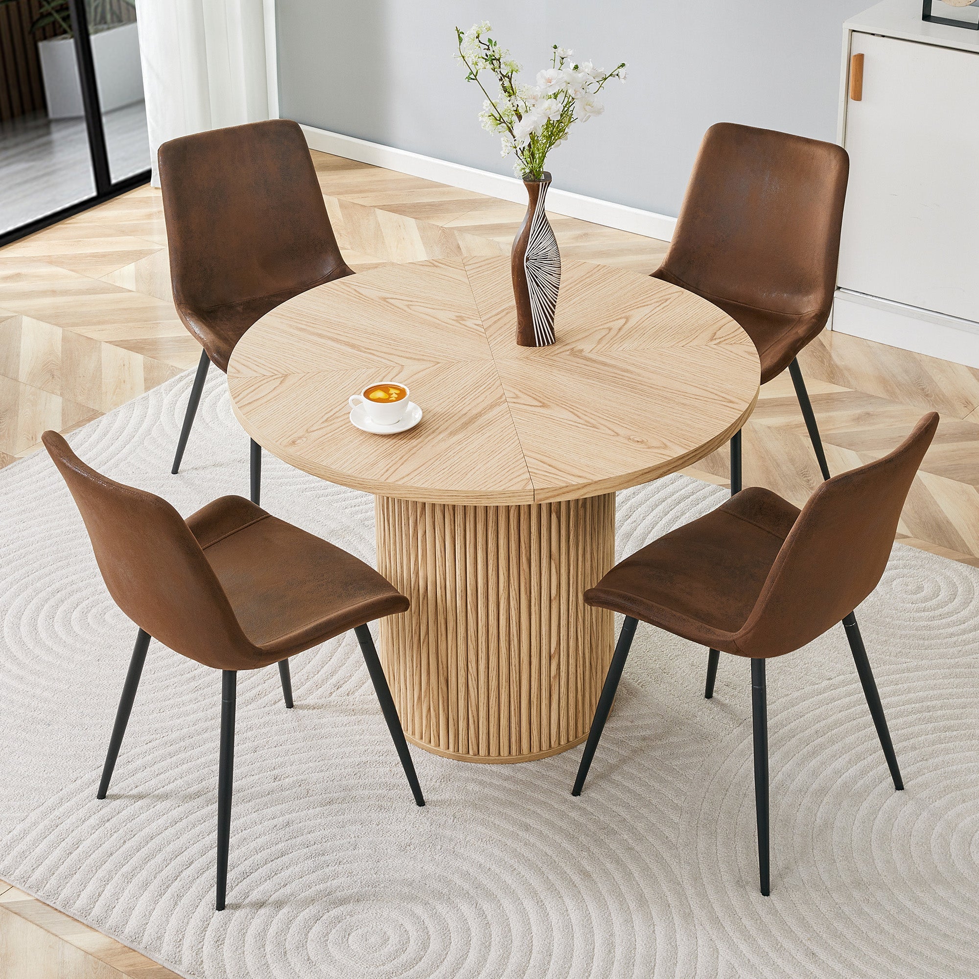 Minimalist Round Table Set, 100 cm MDF Dining Table & 4 Chairs, High-Tech Fabric