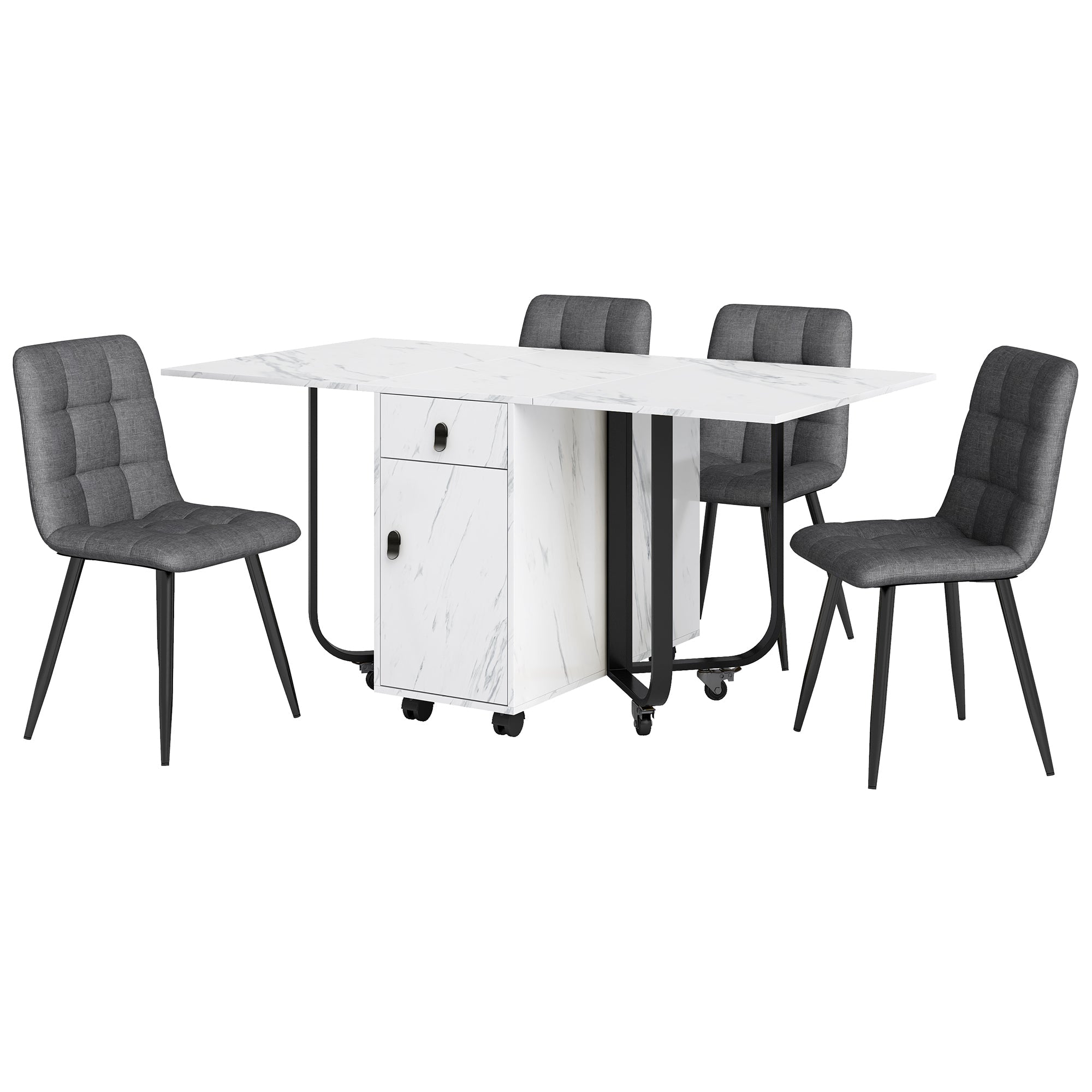 Dining Set 5-Piece Folding Kitchen Table Upholstered Linen Chair White MDF/Black Legs