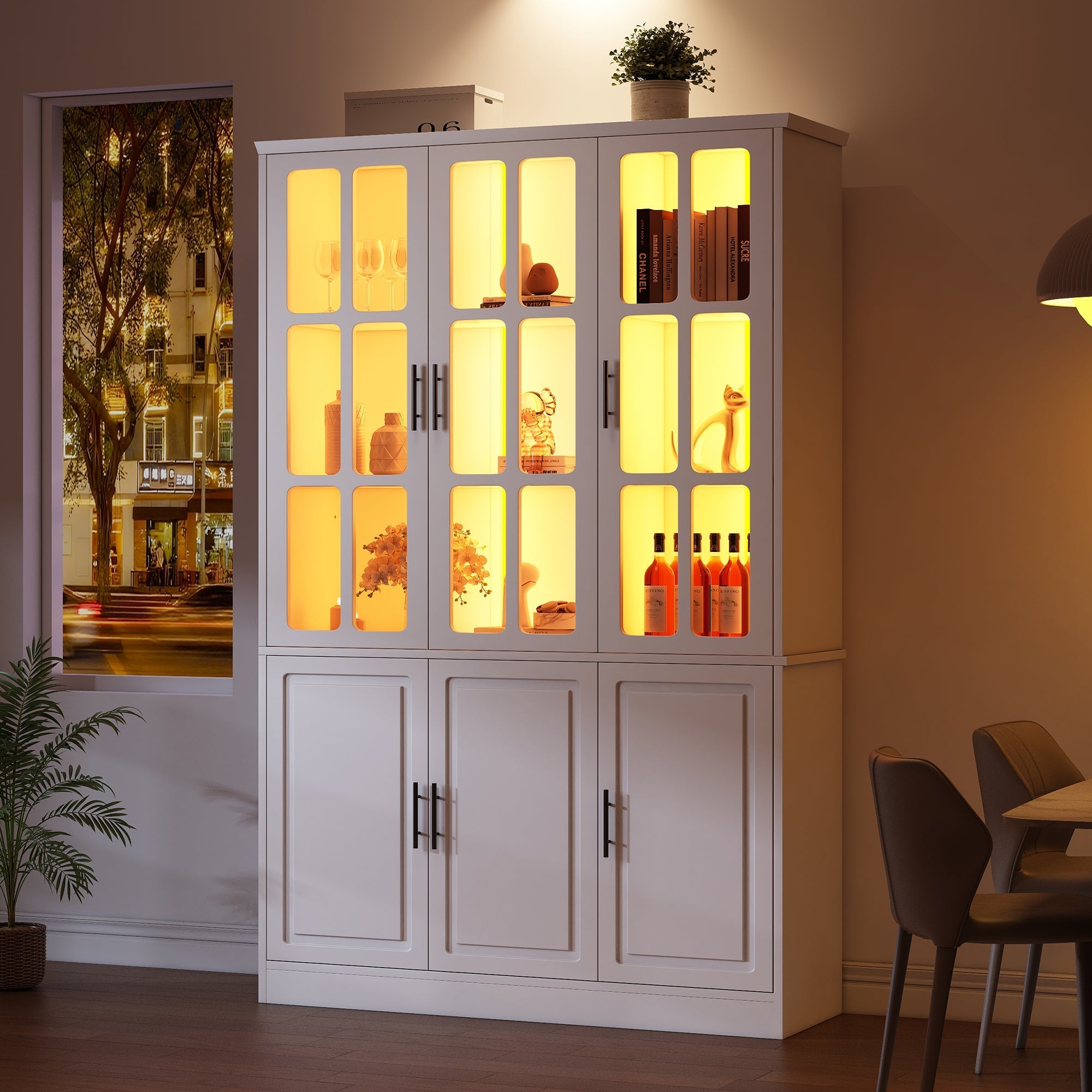 Standing Display Cabinet with 6 Doors and LED Lighting, White
