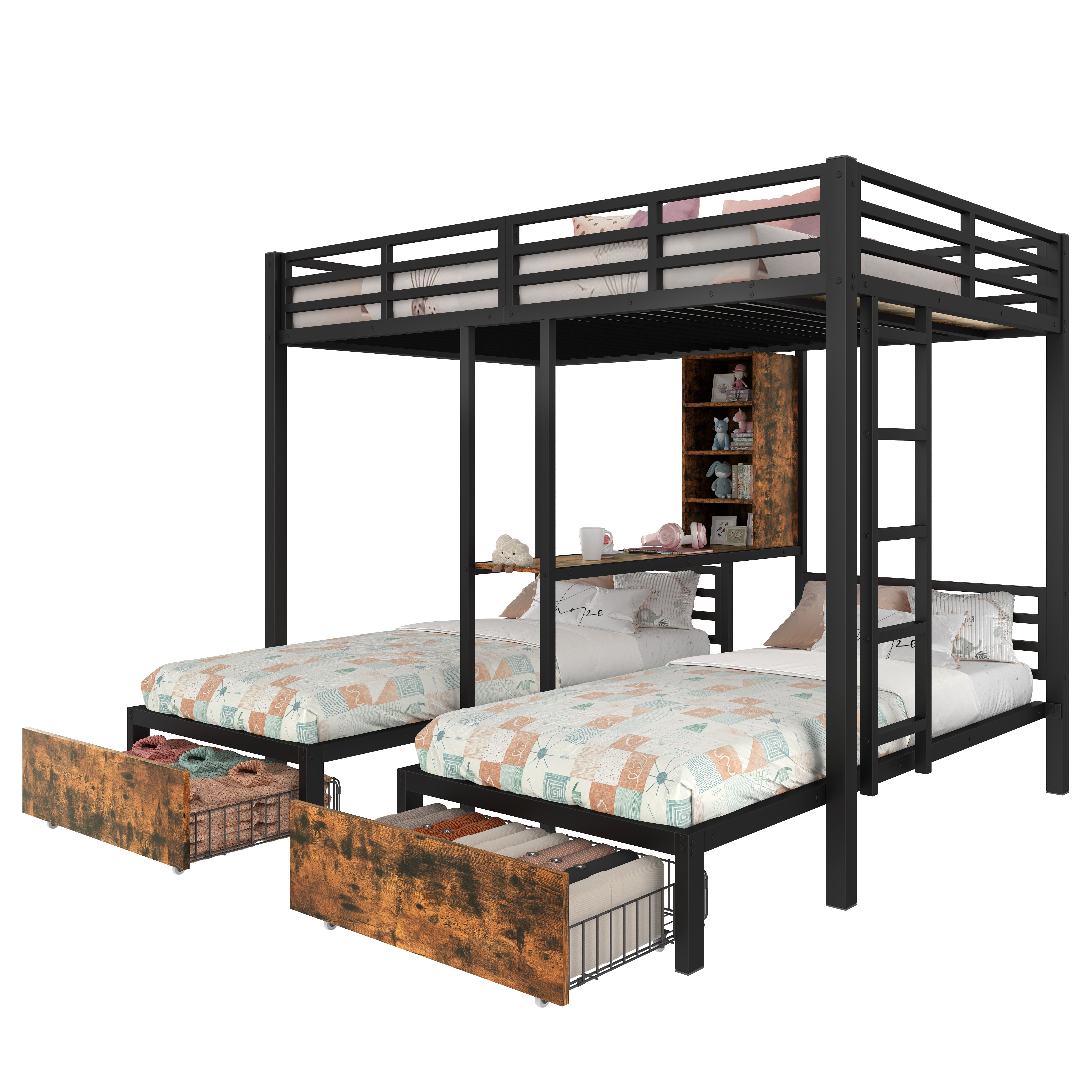 Bunk Bed Triple Sleeper 140x200/90x200cm with Storage Drawers and Shelves Black