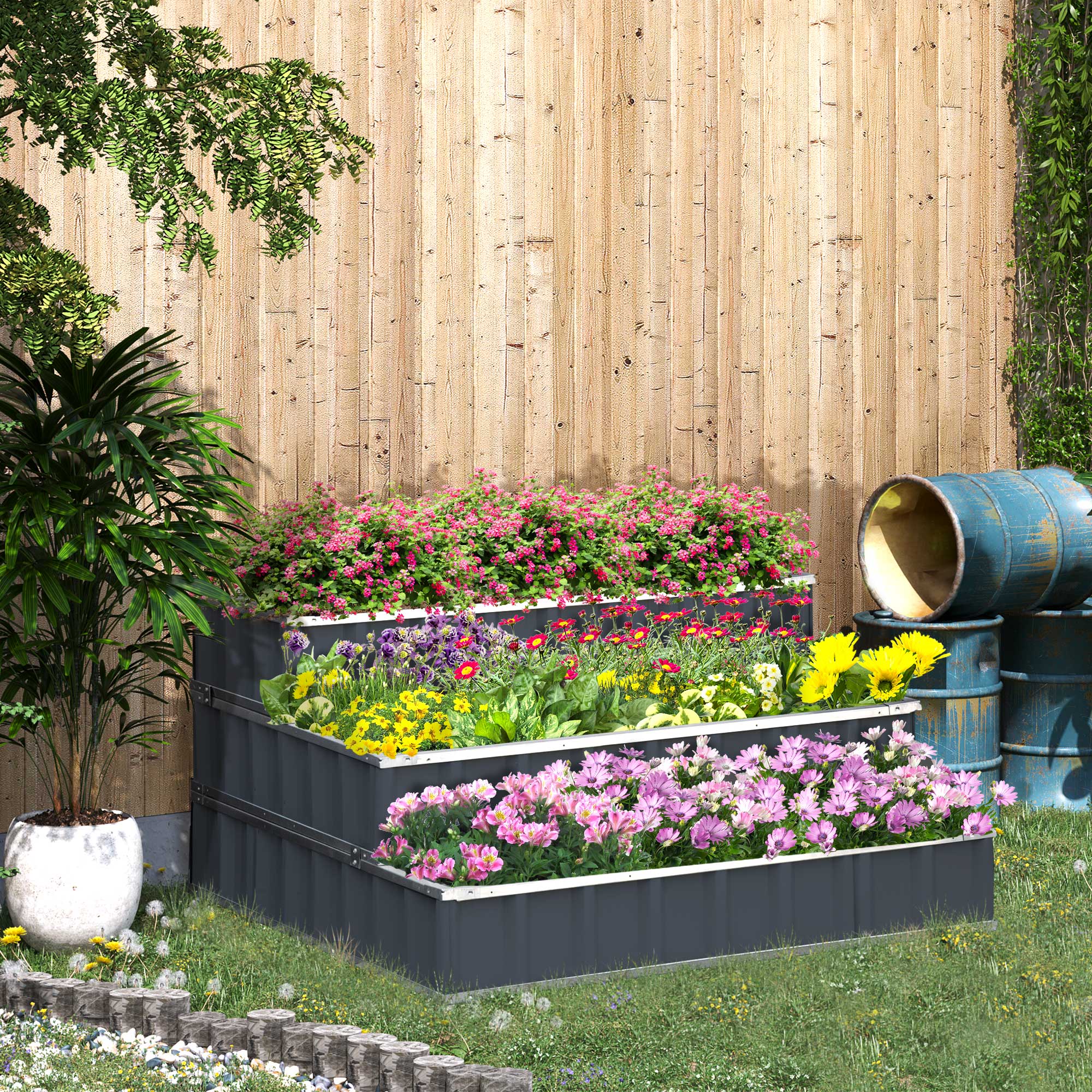 Steel Raised Garden Bed, 118x118x62 cm 3-Tier Flower Stand Weatherproof, Dark Grey Metal