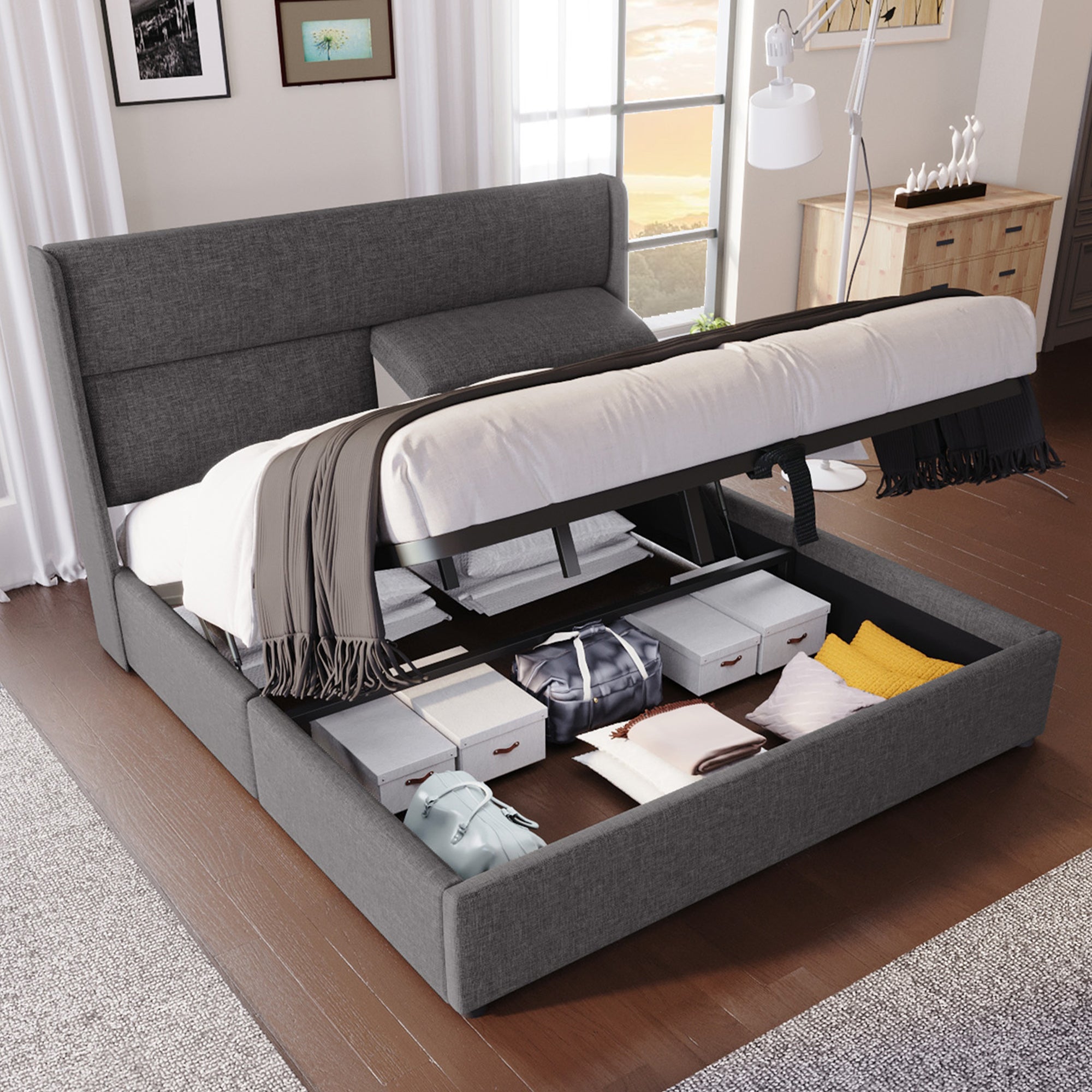 Upholstered Double Bed 160x200cm Hydraulic Storage Adjustable Headrests Linen Grey