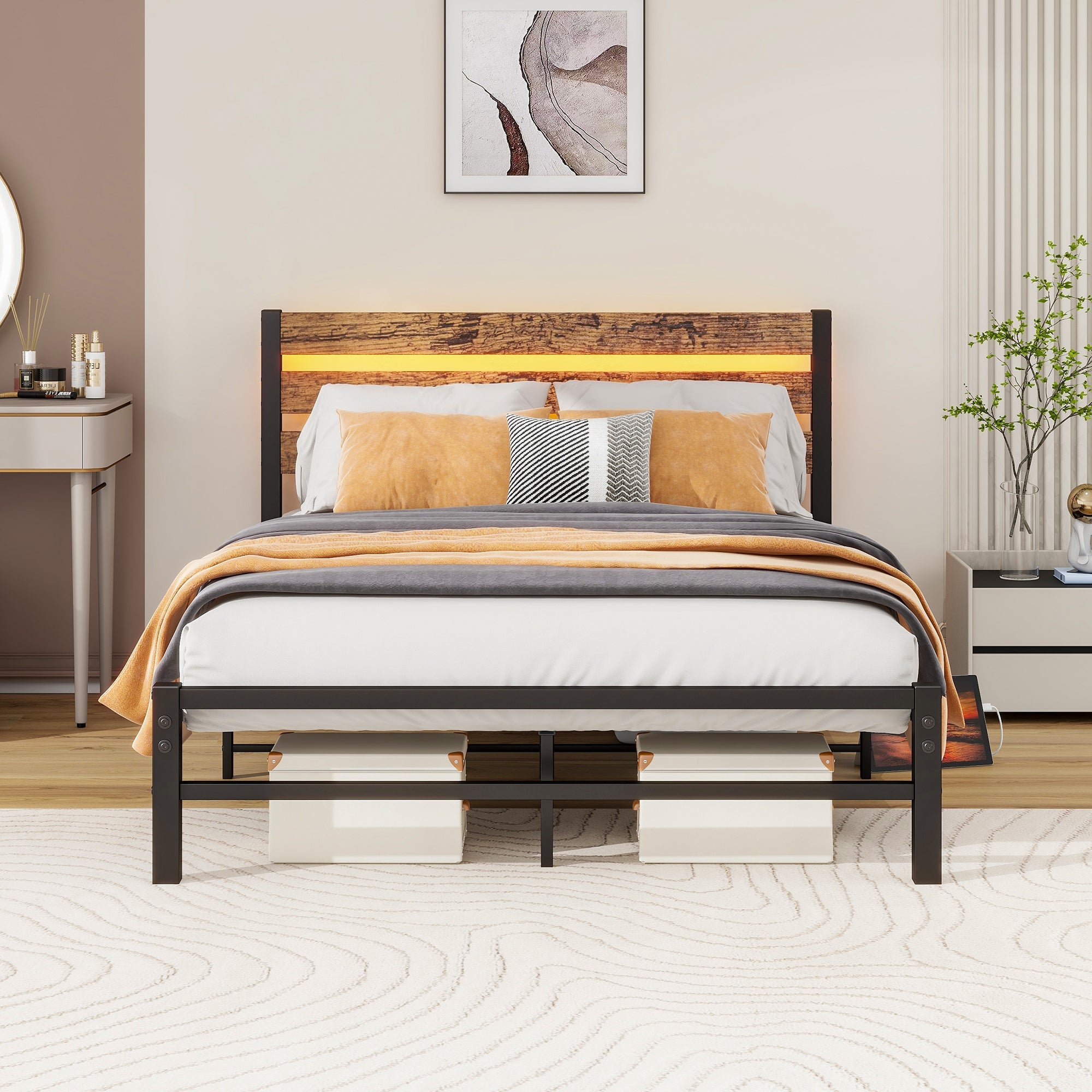 Bed Frame with Headboard, 120x200cm, USB Charging Station & LED, Metal