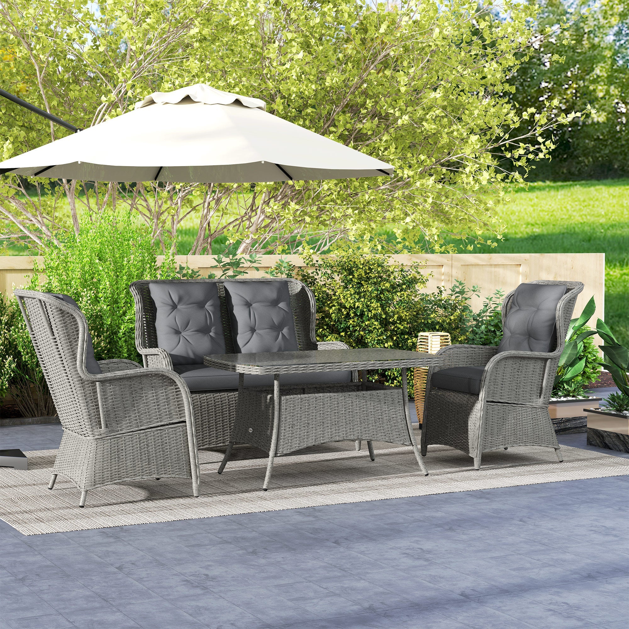 Garden PE Rattan Dining Sofa Set, 4 Seater High Back Wicker Chairs and Glass Table, Light Grey