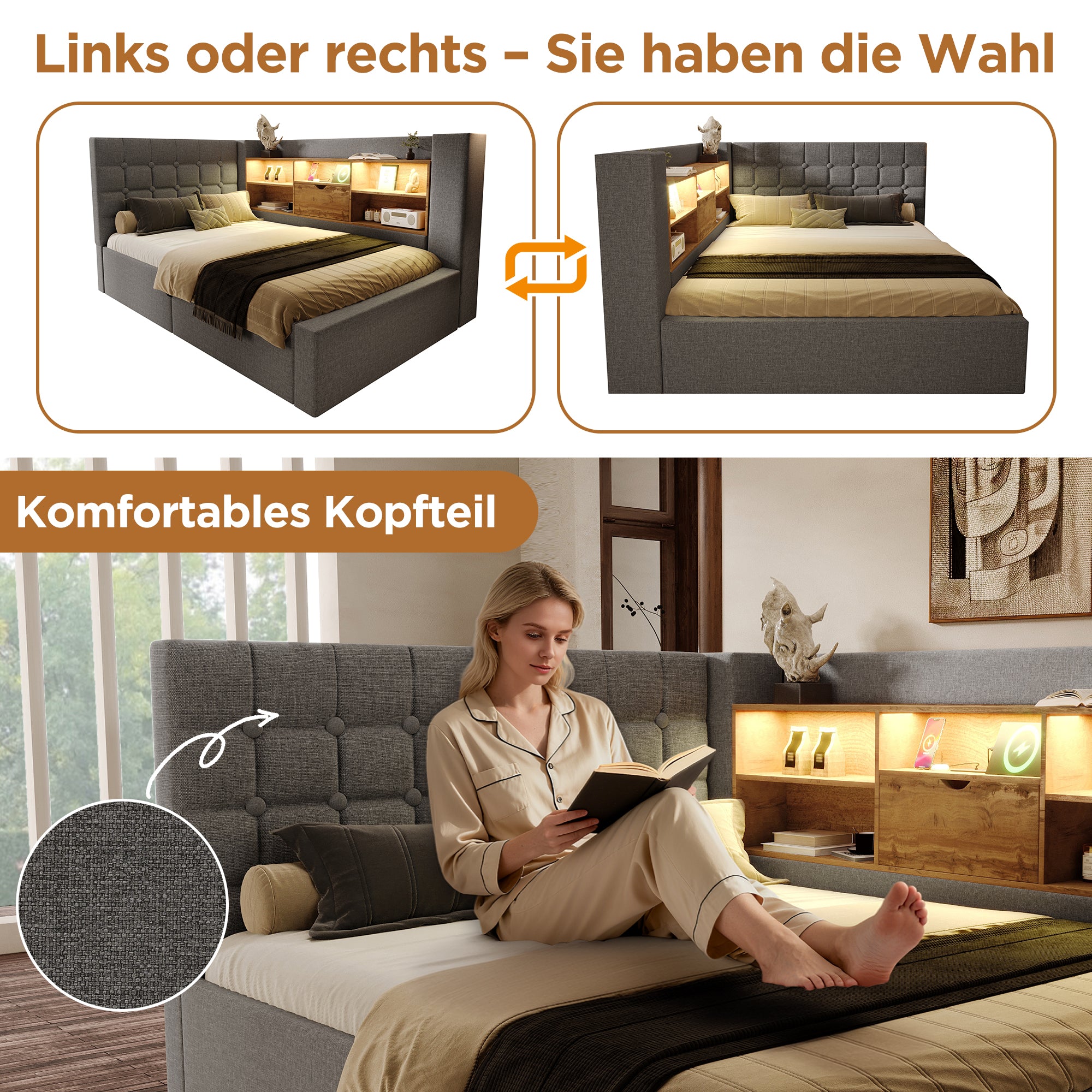 Upholstered Double Bed with LED Lighting, Hydraulic Storage and L-Shaped Headboard, 140x200cm, Grey Linen Fabric